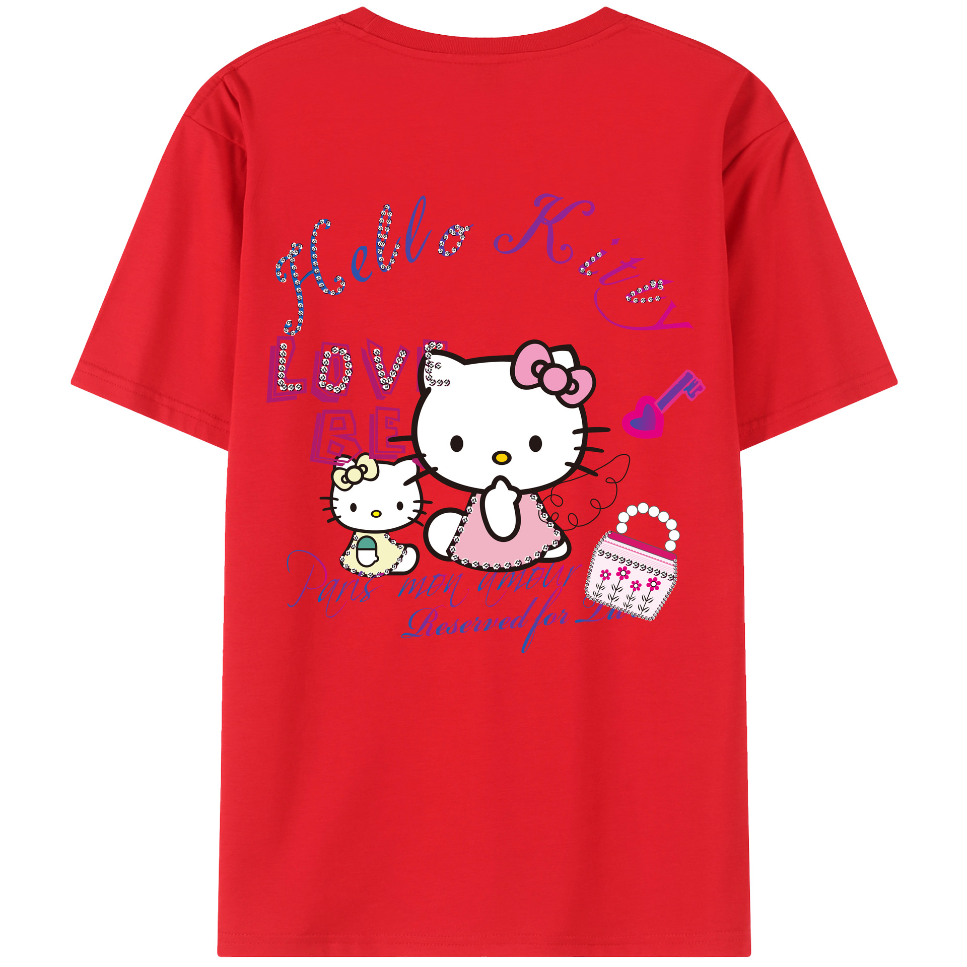 （画像用） Hello Kitty ハローキティ 綿100％ メンズ半袖Tシャツ（バックプリント） 通気性