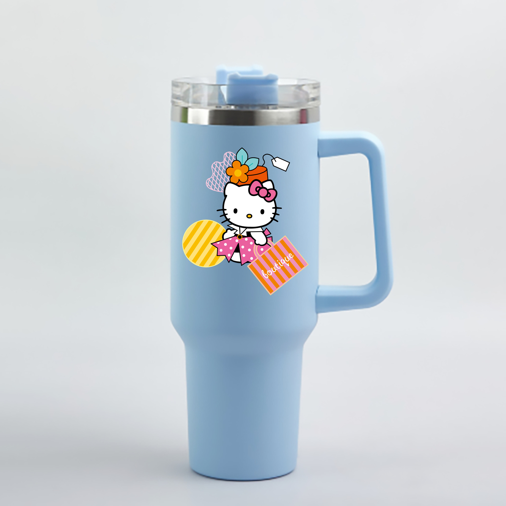 （画像用） Hello Kitty ハローキティ 1200mL車用タンブラー - クリスタルステッカー（プラスチックストロー付き）