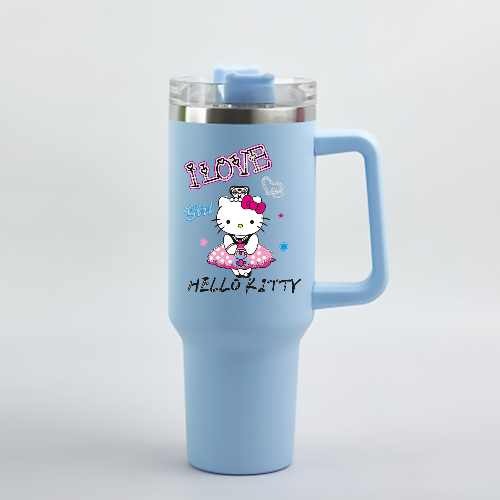 （画像用） Hello Kitty ハローキティ 1200mL車用タンブラー - クリスタルステッカー（プラスチックストロー付き）