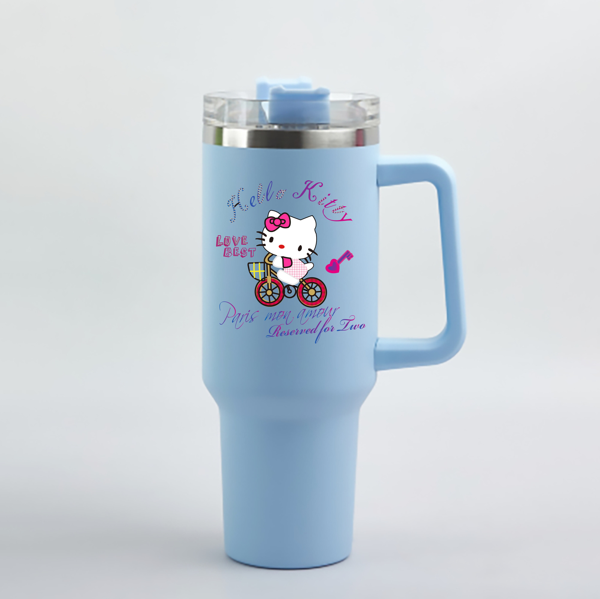 （画像用） Hello Kitty ハローキティ 1200mL車用タンブラー - クリスタルステッカー（プラスチックストロー付き）