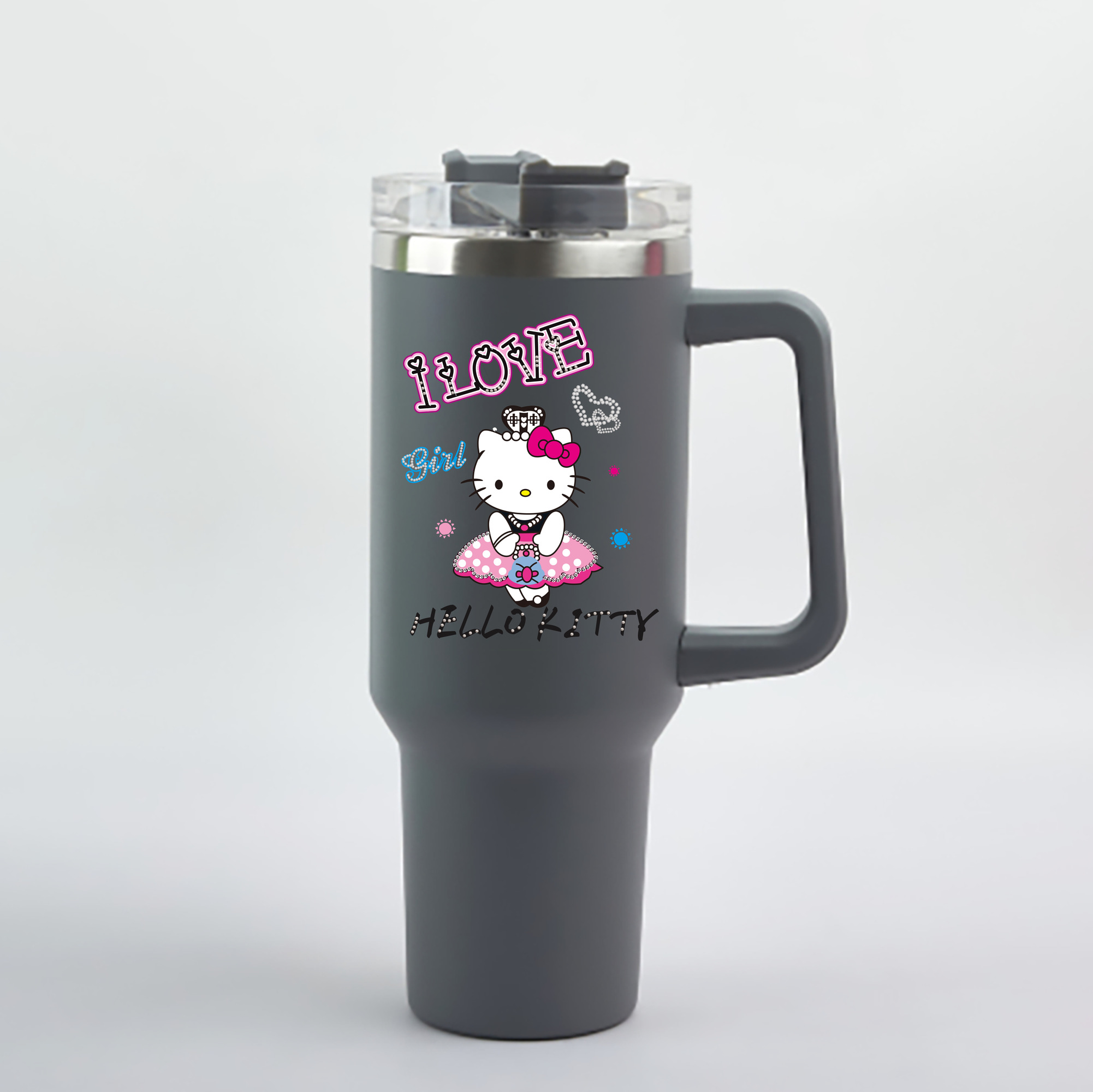 （画像用） Hello Kitty ハローキティ 1200mL車用タンブラー - クリスタルステッカー（プラスチックストロー付き）