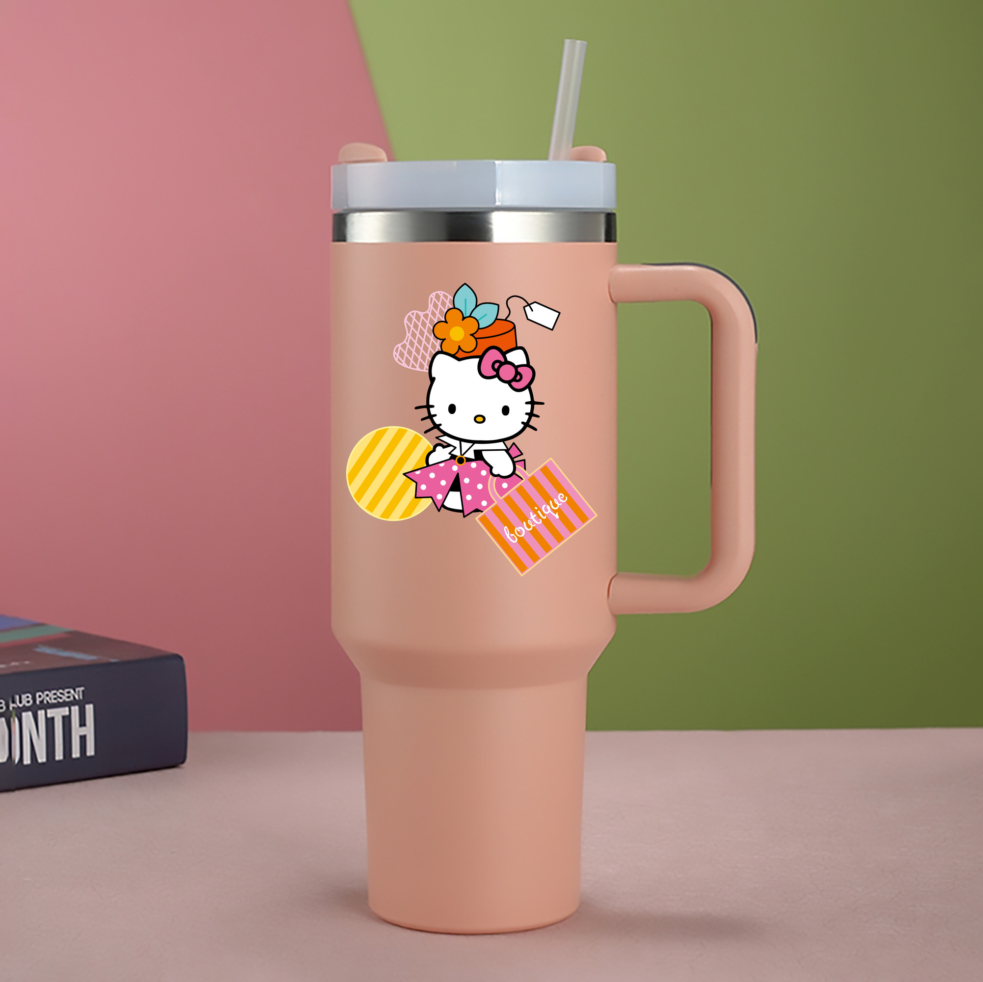 （画像用） Hello Kitty ハローキティ 1200mL車用タンブラー - クリスタルステッカー（プラスチックストロー付き）
