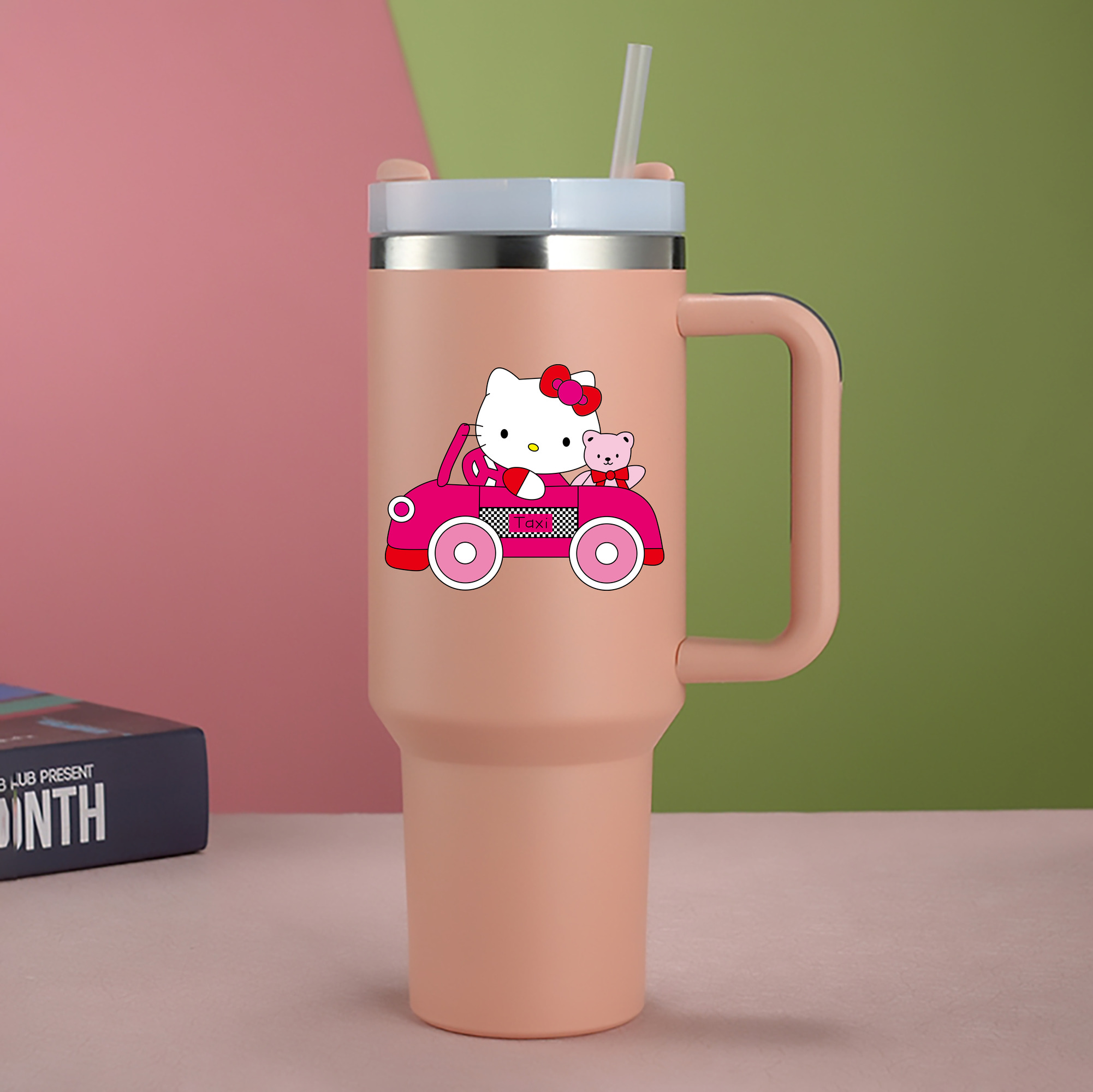 （画像用） Hello Kitty ハローキティ 1200mL車用タンブラー - クリスタルステッカー（プラスチックストロー付き）