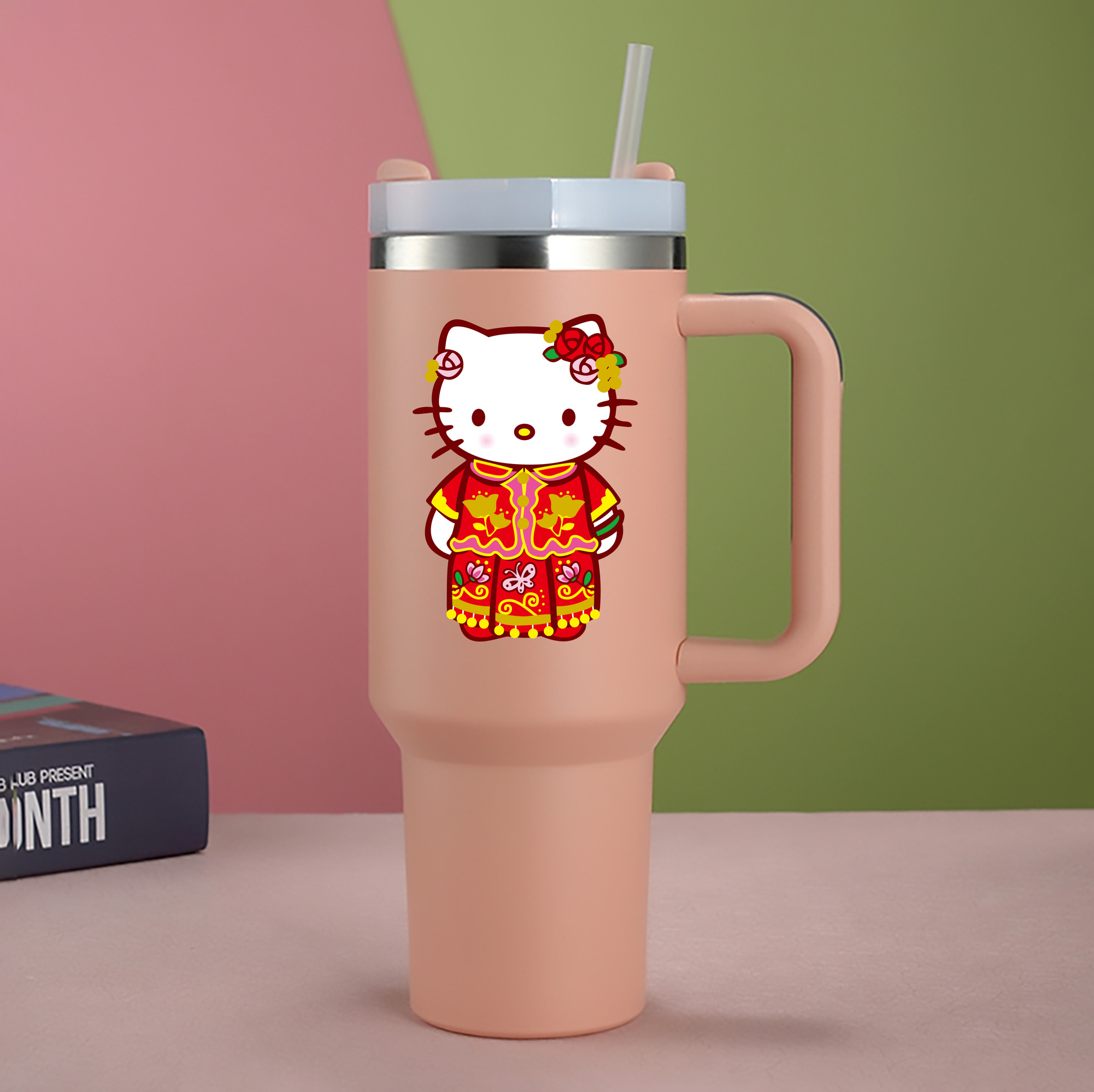 （画像用） Hello Kitty ハローキティ 1200mL車用タンブラー - クリスタルステッカー（プラスチックストロー付き）