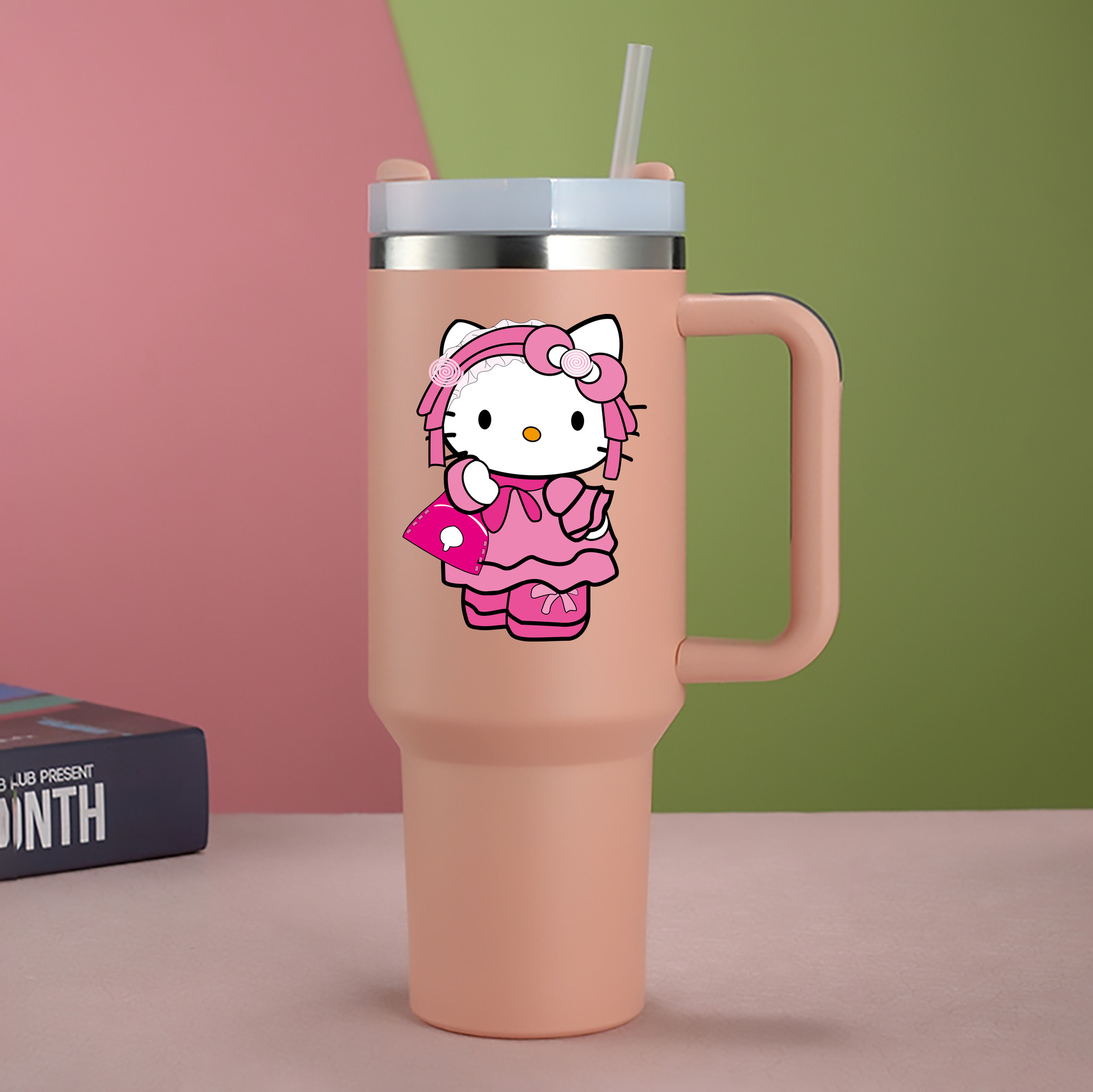 （画像用） Hello Kitty ハローキティ 1200mL車用タンブラー - クリスタルステッカー（プラスチックストロー付き）