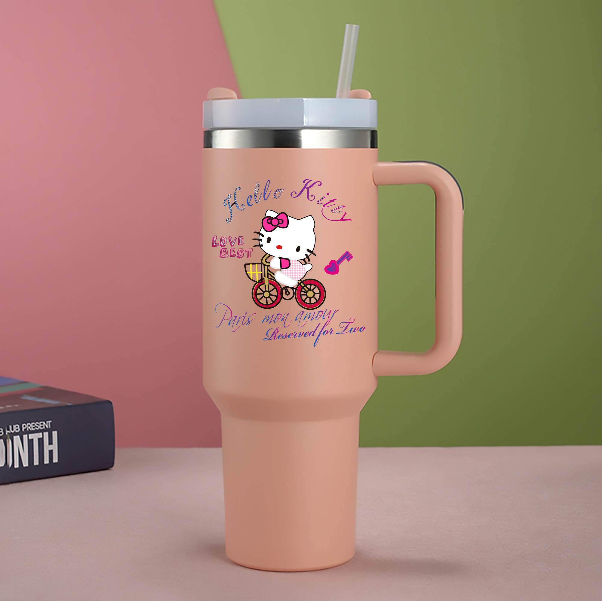 （画像用） Hello Kitty ハローキティ 1200mL車用タンブラー - クリスタルステッカー（プラスチックストロー付き）