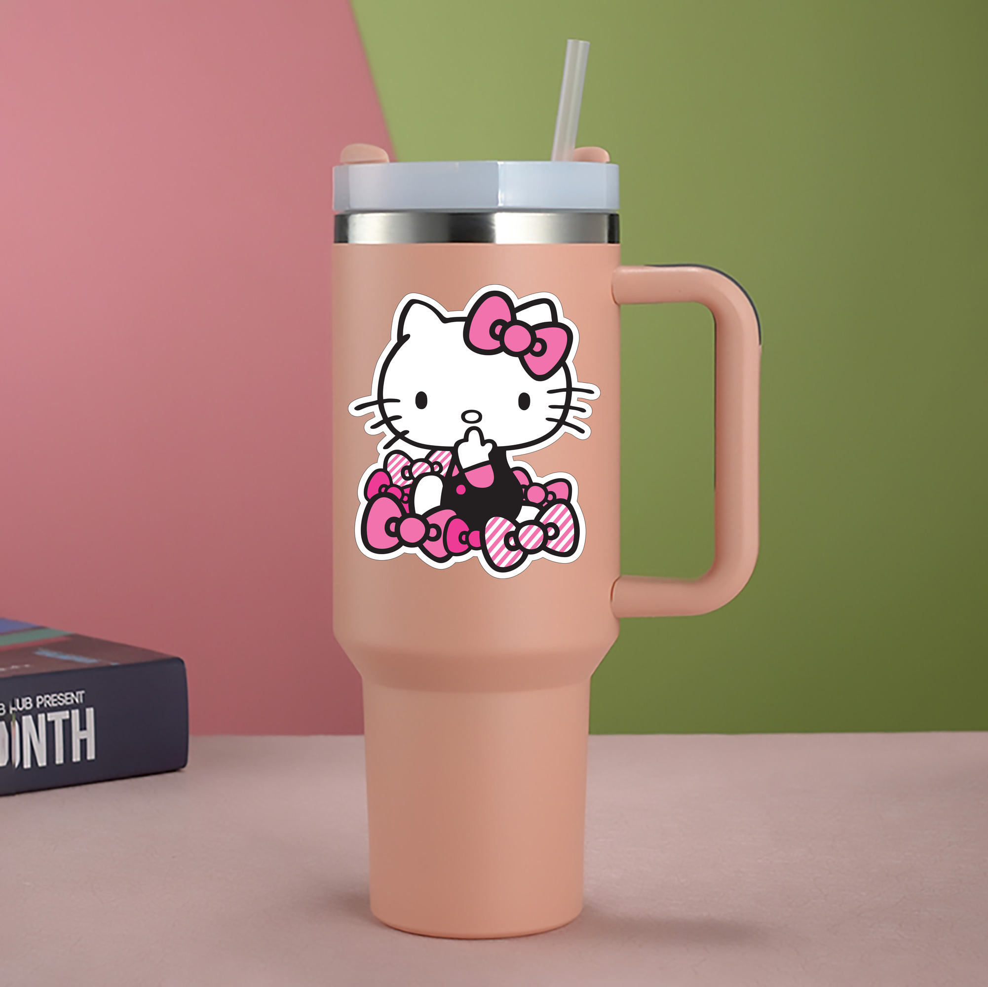 （画像用） Hello Kitty ハローキティ 1200mL車用タンブラー - クリスタルステッカー（プラスチックストロー付き）