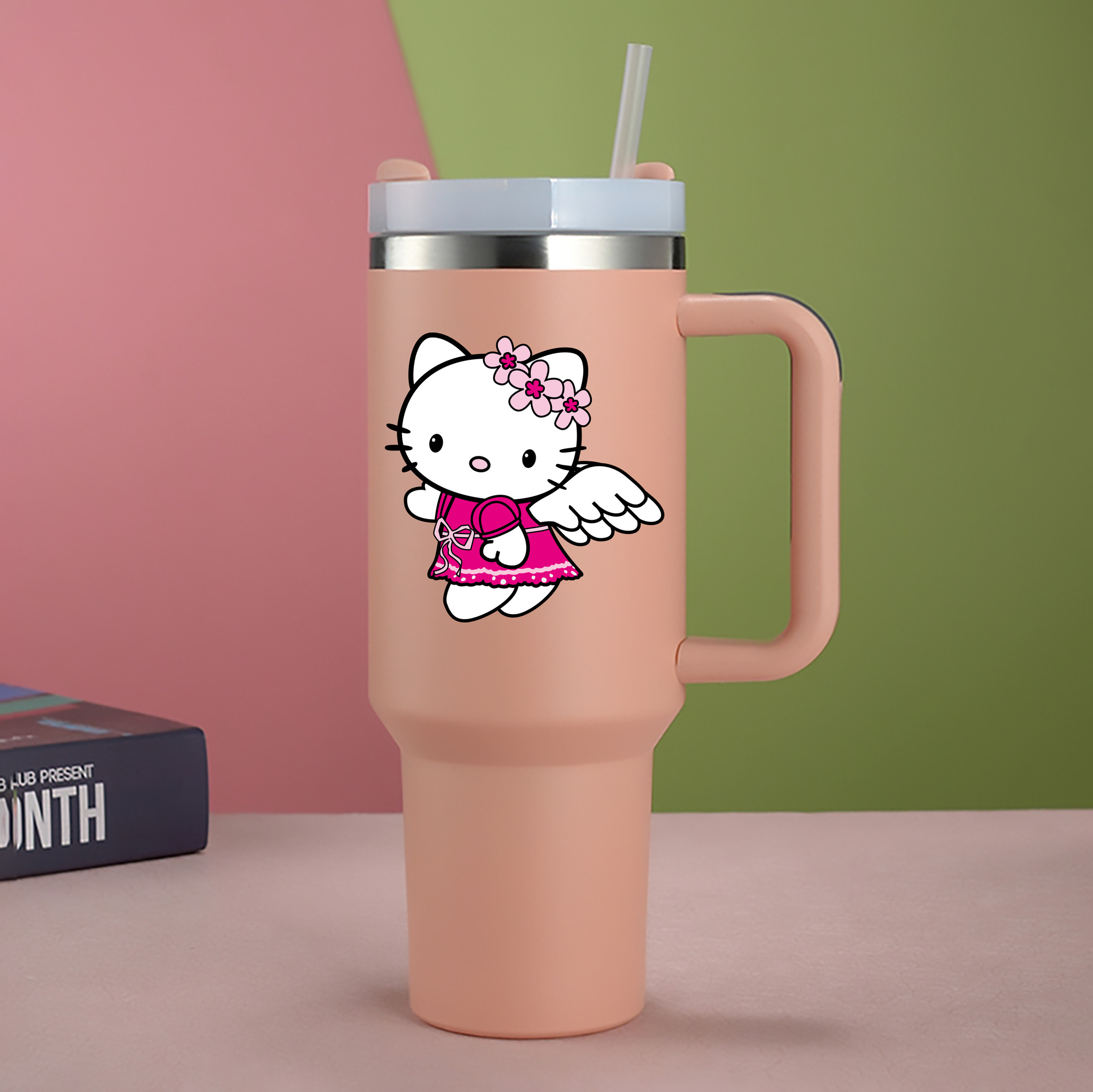 （画像用） Hello Kitty ハローキティ 1200mL車用タンブラー - クリスタルステッカー（プラスチックストロー付き）