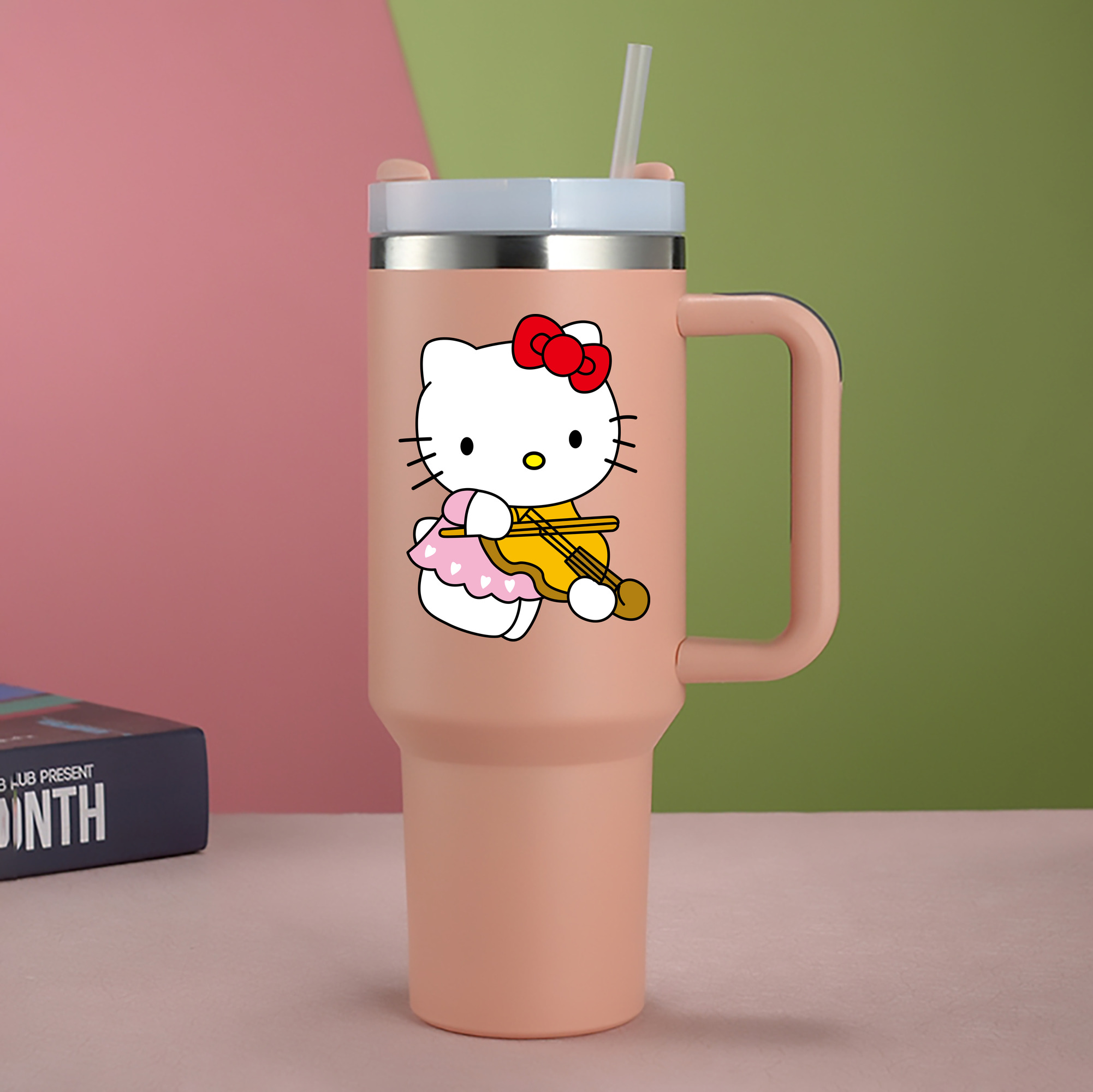 （画像用） Hello Kitty ハローキティ 1200mL車用タンブラー - クリスタルステッカー（プラスチックストロー付き）