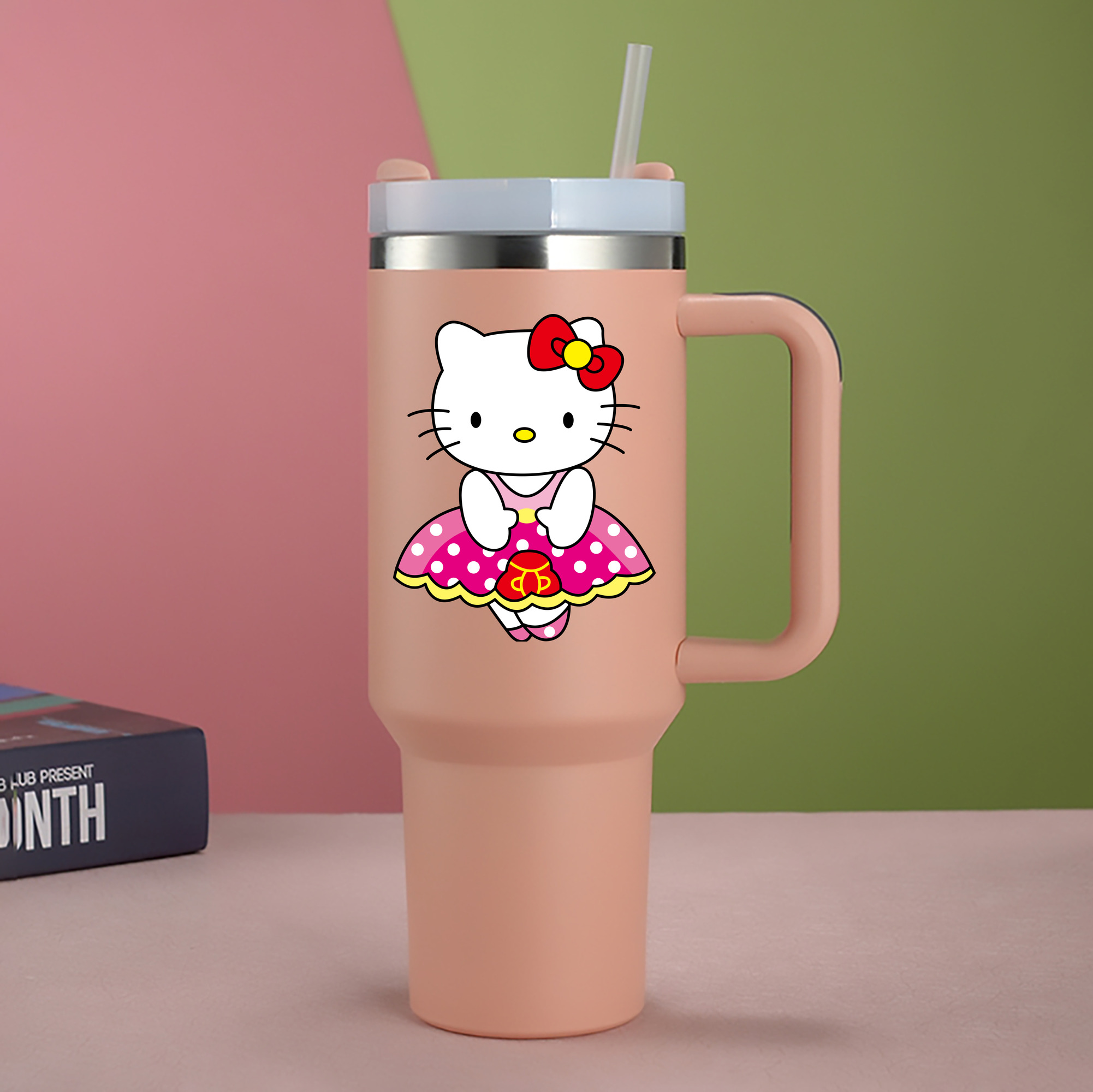 （画像用） Hello Kitty ハローキティ 1200mL車用タンブラー - クリスタルステッカー（プラスチックストロー付き）