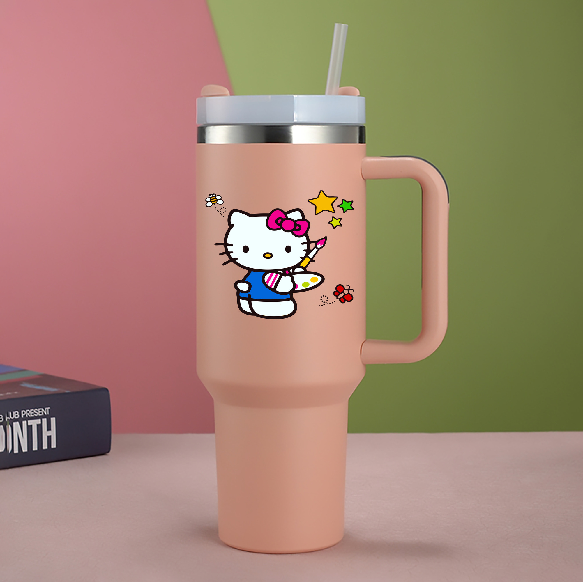 （画像用） Hello Kitty ハローキティ 1200mL車用タンブラー - クリスタルステッカー（プラスチックストロー付き）