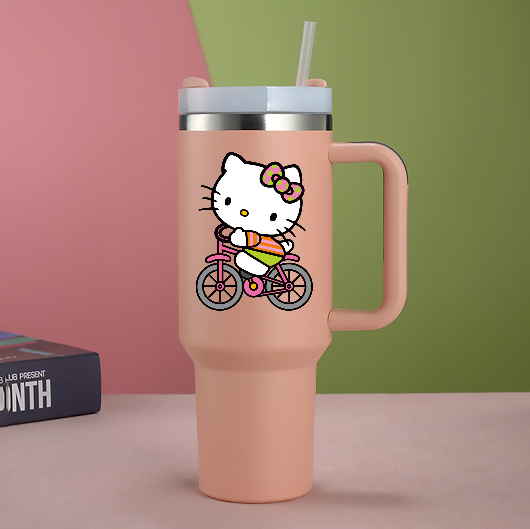 （画像用） Hello Kitty ハローキティ 1200mL車用タンブラー - クリスタルステッカー（プラスチックストロー付き）