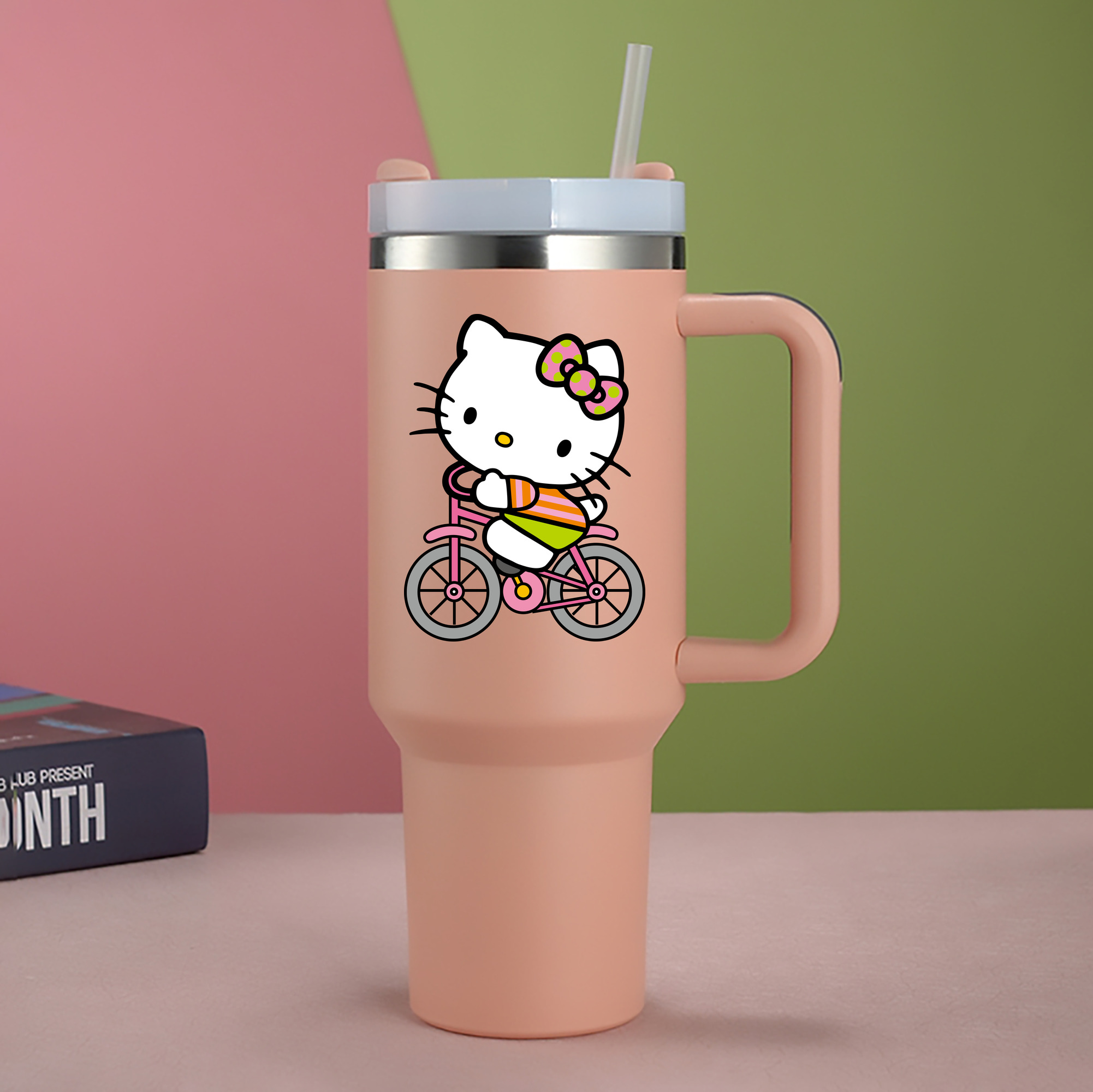 （画像用） Hello Kitty ハローキティ 1200mL車用タンブラー - クリスタルステッカー（プラスチックストロー付き）