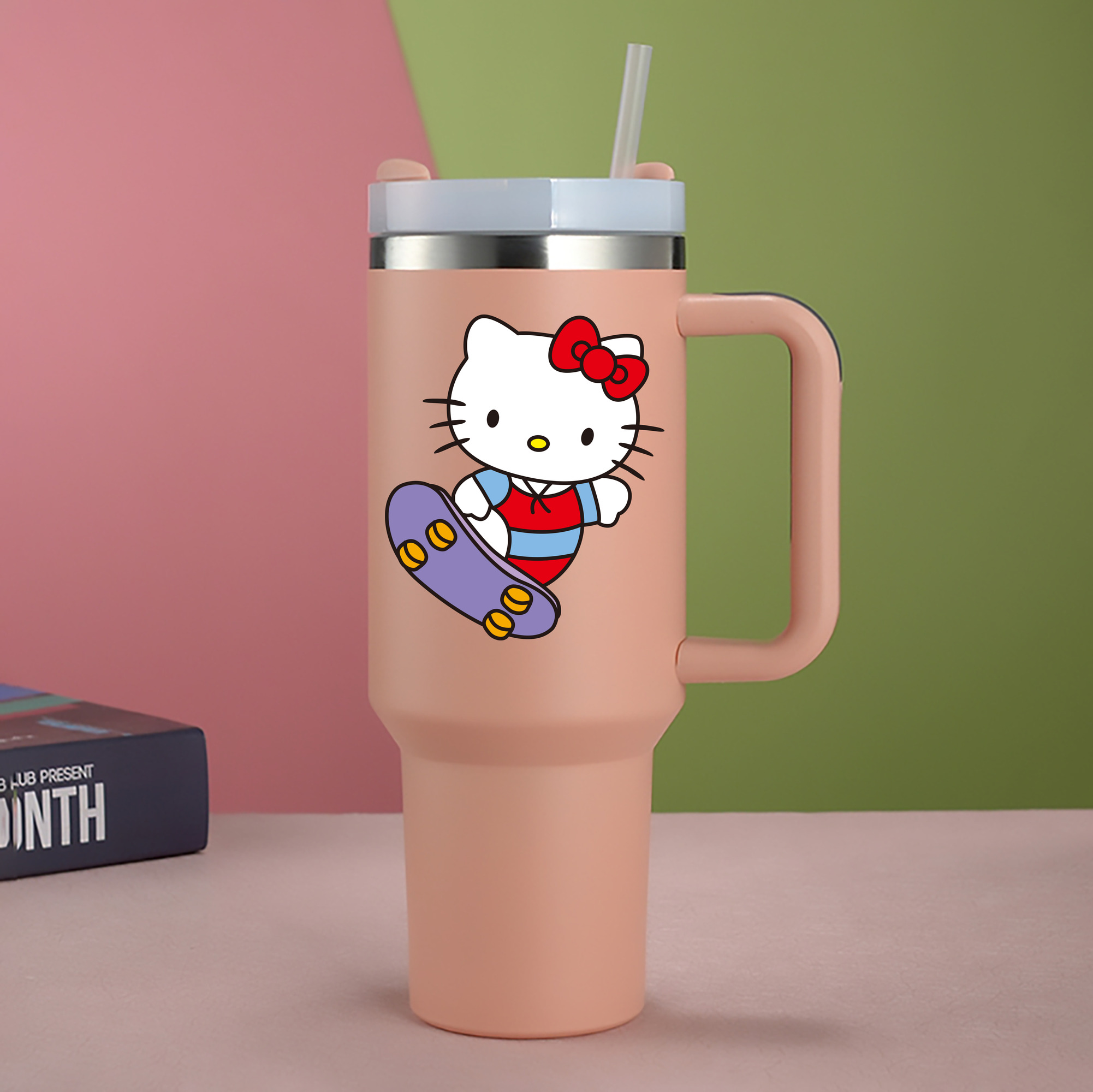 （画像用） Hello Kitty ハローキティ 1200mL車用タンブラー - クリスタルステッカー（プラスチックストロー付き）