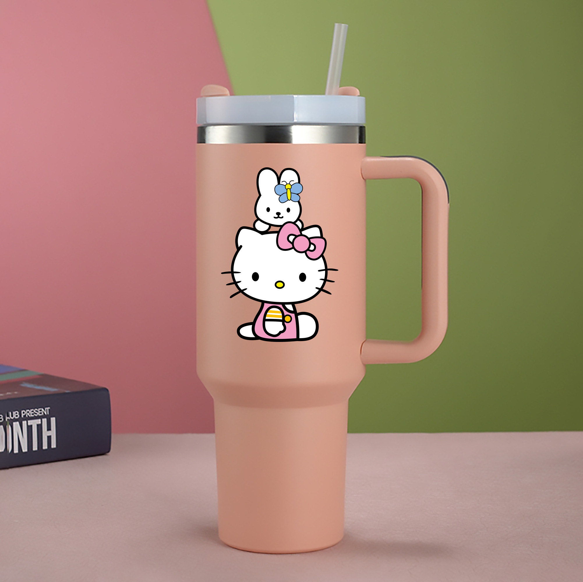（画像用） Hello Kitty ハローキティ 1200mL車用タンブラー - クリスタルステッカー（プラスチックストロー付き）