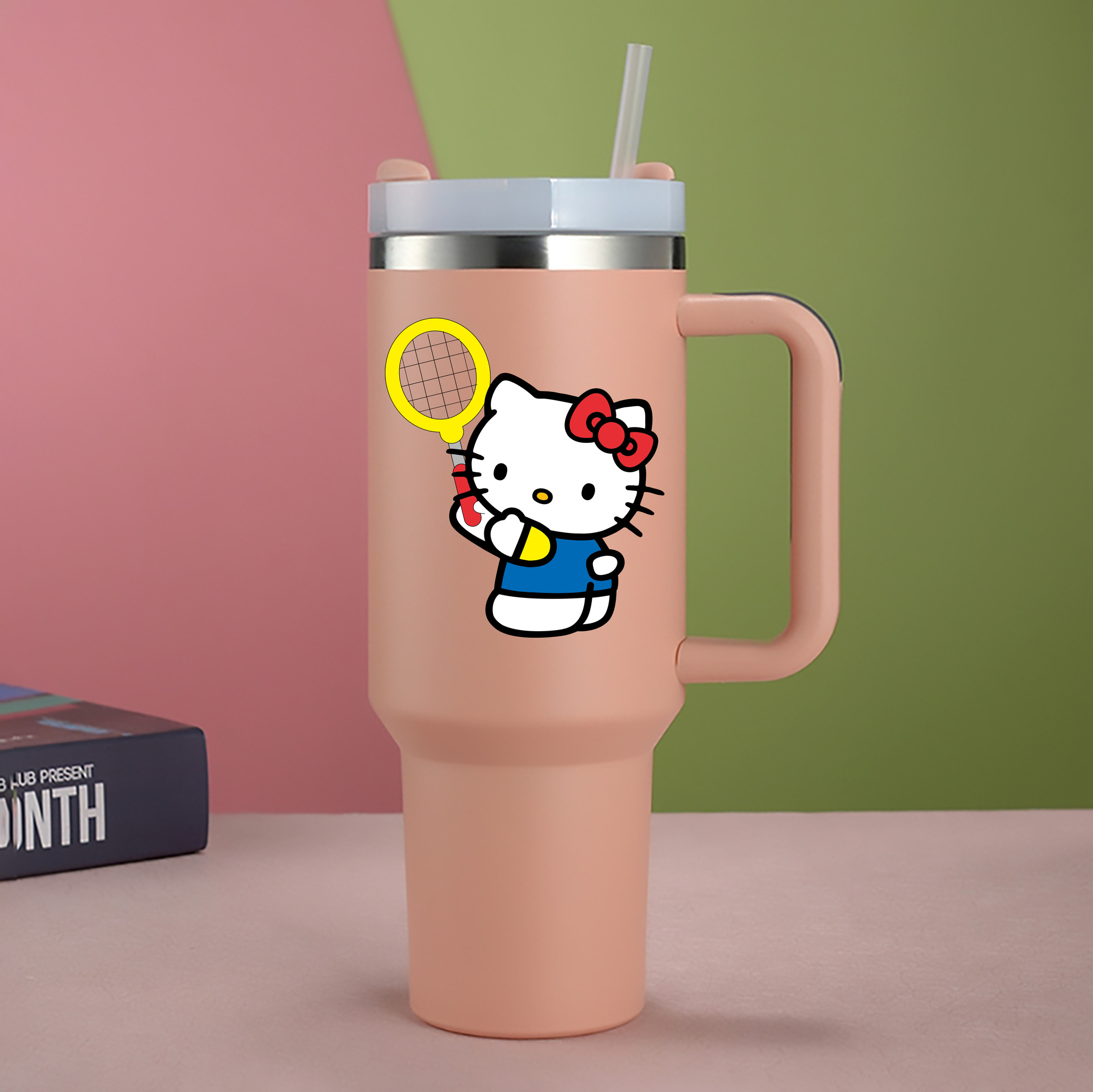 （画像用） Hello Kitty ハローキティ 1200mL車用タンブラー - クリスタルステッカー（プラスチックストロー付き）