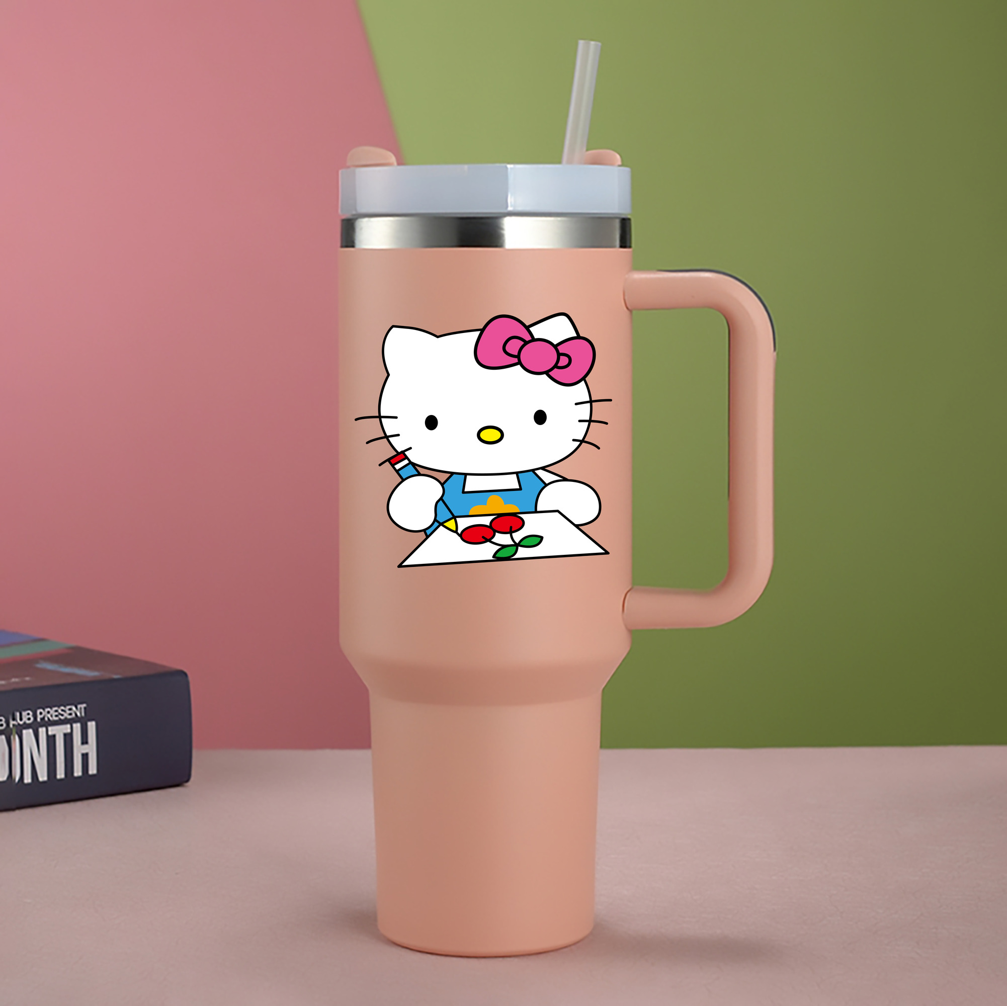 （画像用） Hello Kitty ハローキティ 1200mL車用タンブラー - クリスタルステッカー（プラスチックストロー付き）