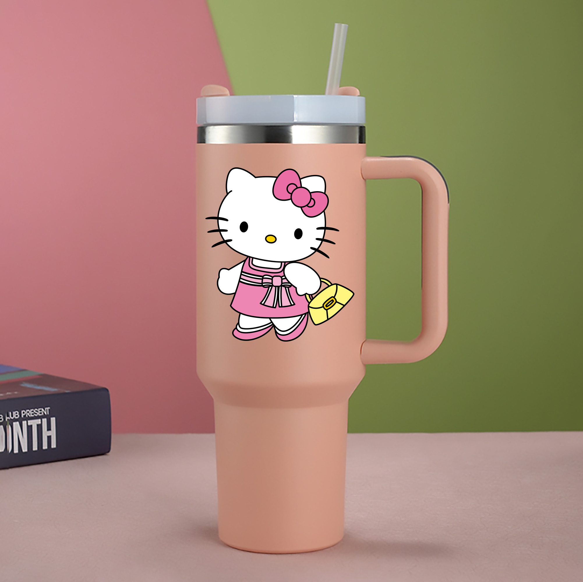 （画像用） Hello Kitty ハローキティ 1200mL車用タンブラー - クリスタルステッカー（プラスチックストロー付き）