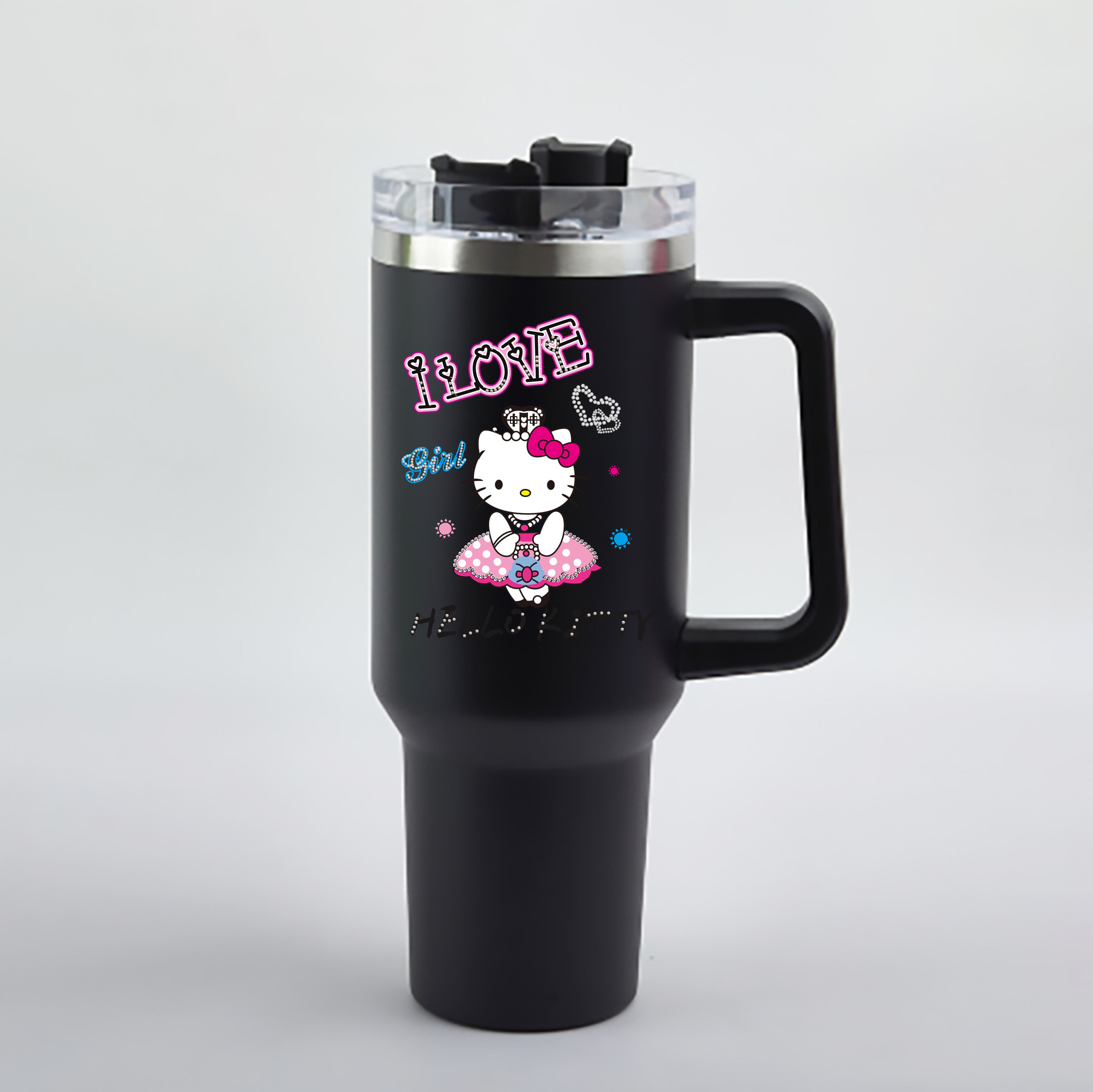 （画像用） Hello Kitty ハローキティ 1200mL車用タンブラー - クリスタルステッカー（プラスチックストロー付き）