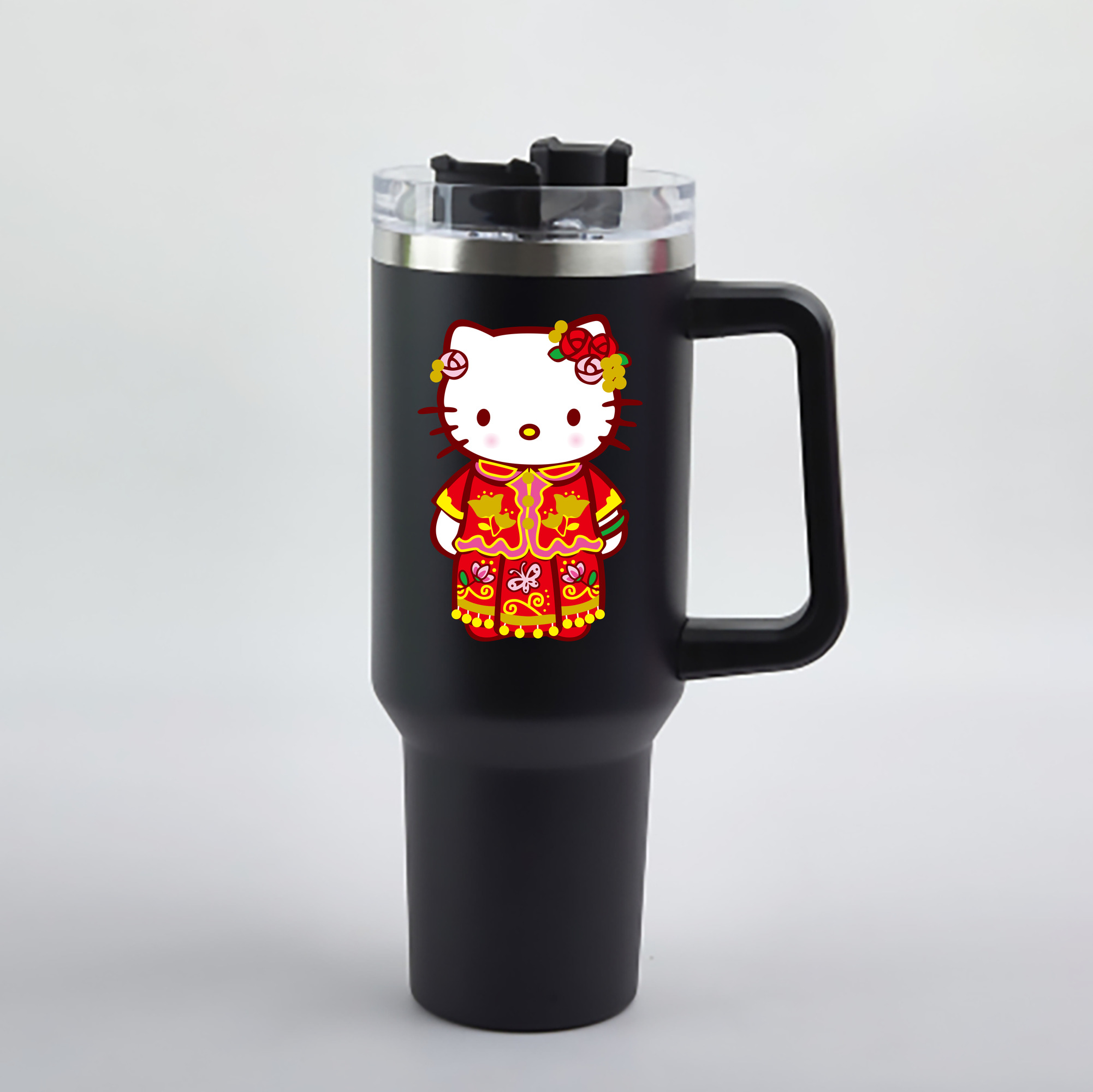 （画像用） Hello Kitty ハローキティ 1200mL車用タンブラー - クリスタルステッカー（プラスチックストロー付き）