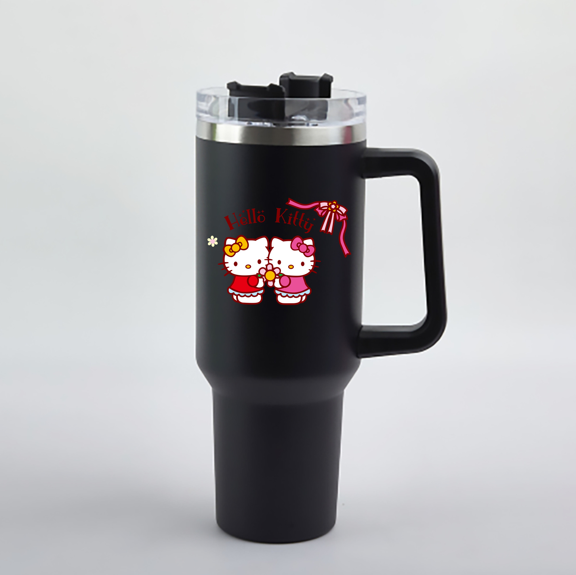 （画像用） Hello Kitty ハローキティ 1200mL車用タンブラー - クリスタルステッカー（プラスチックストロー付き）