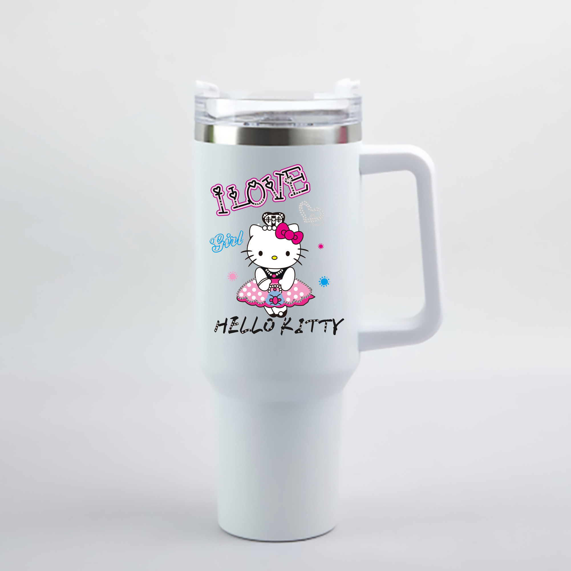 （画像用） Hello Kitty ハローキティ 1200mL車用タンブラー - クリスタルステッカー（プラスチックストロー付き）