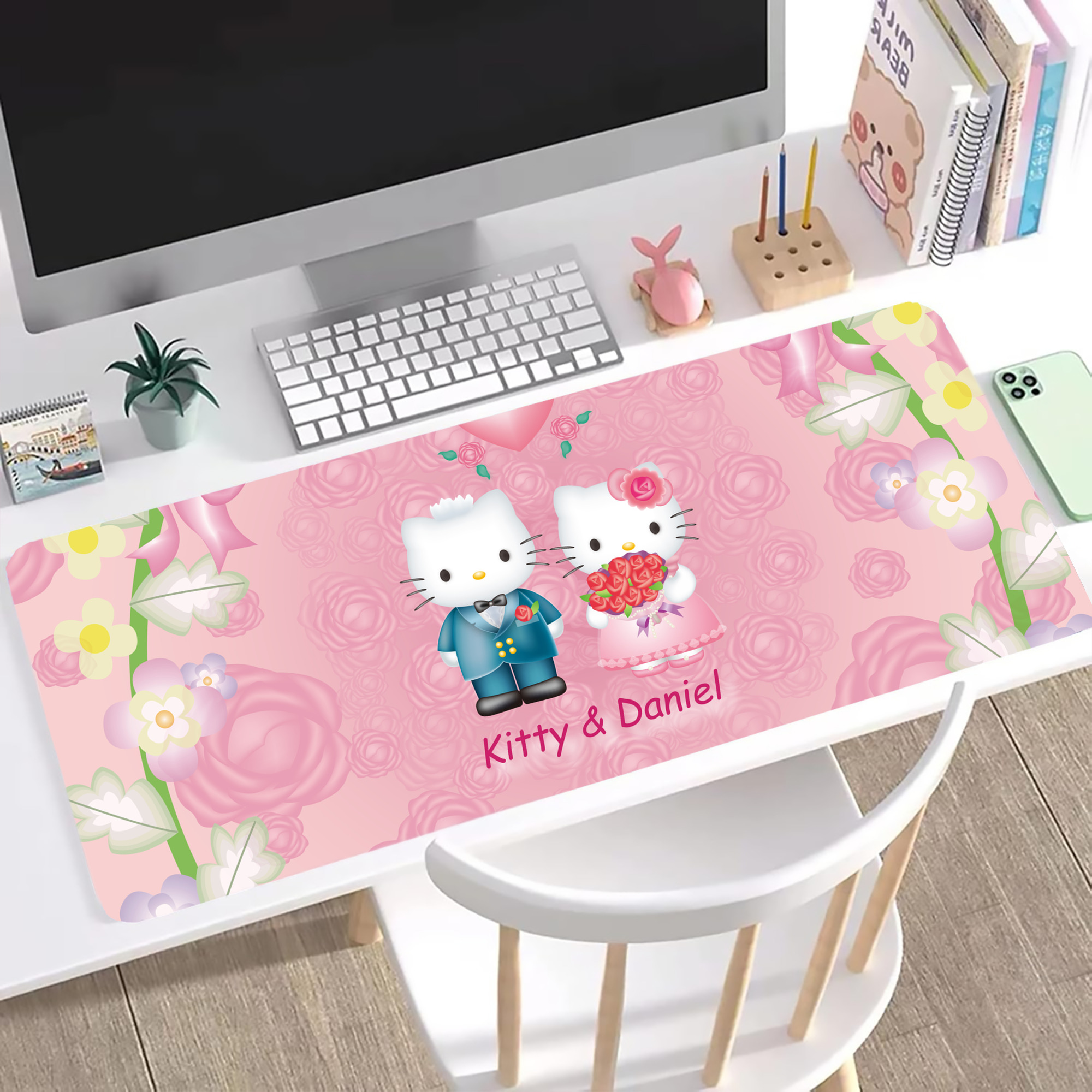 （画像用） Hello Kitty ハローキティ ステッチ加工 大判デスクマット／滑り止めマウスパッド