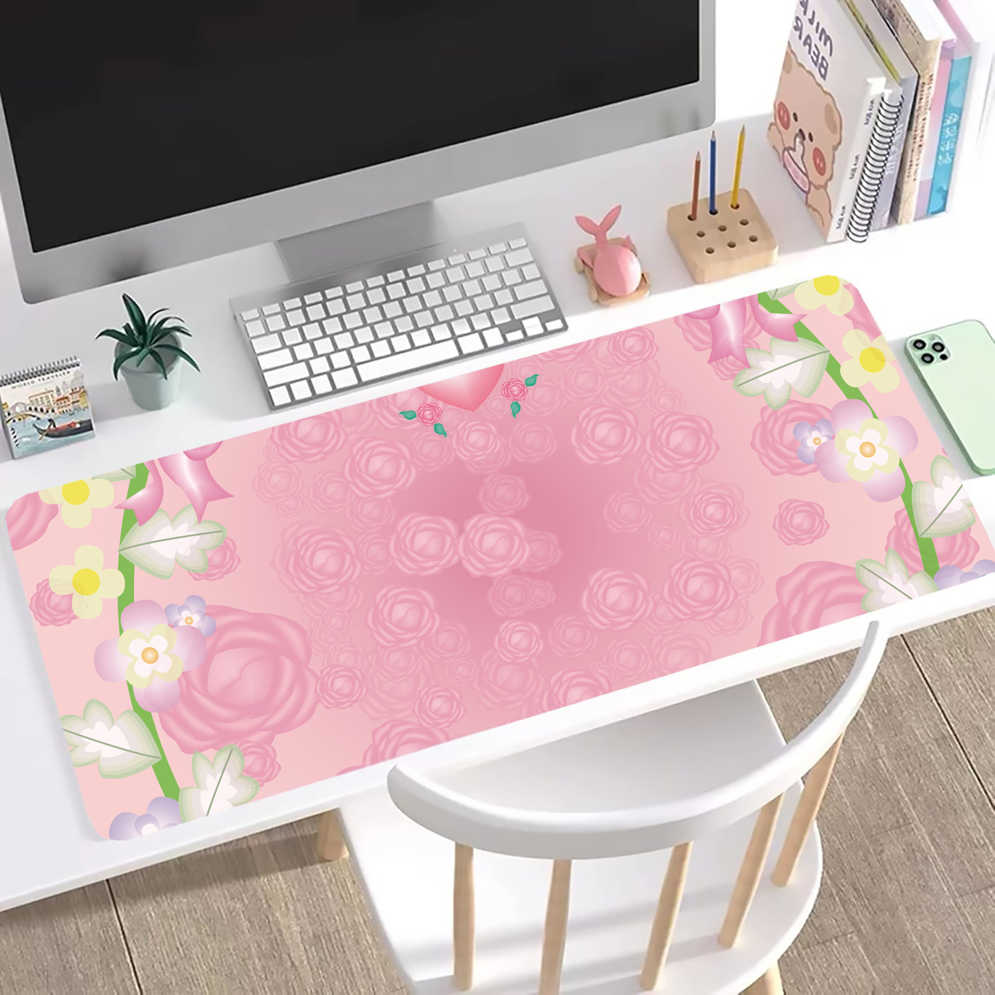 （画像用） Hello Kitty ハローキティ ステッチ加工 大判デスクマット／滑り止めマウスパッド