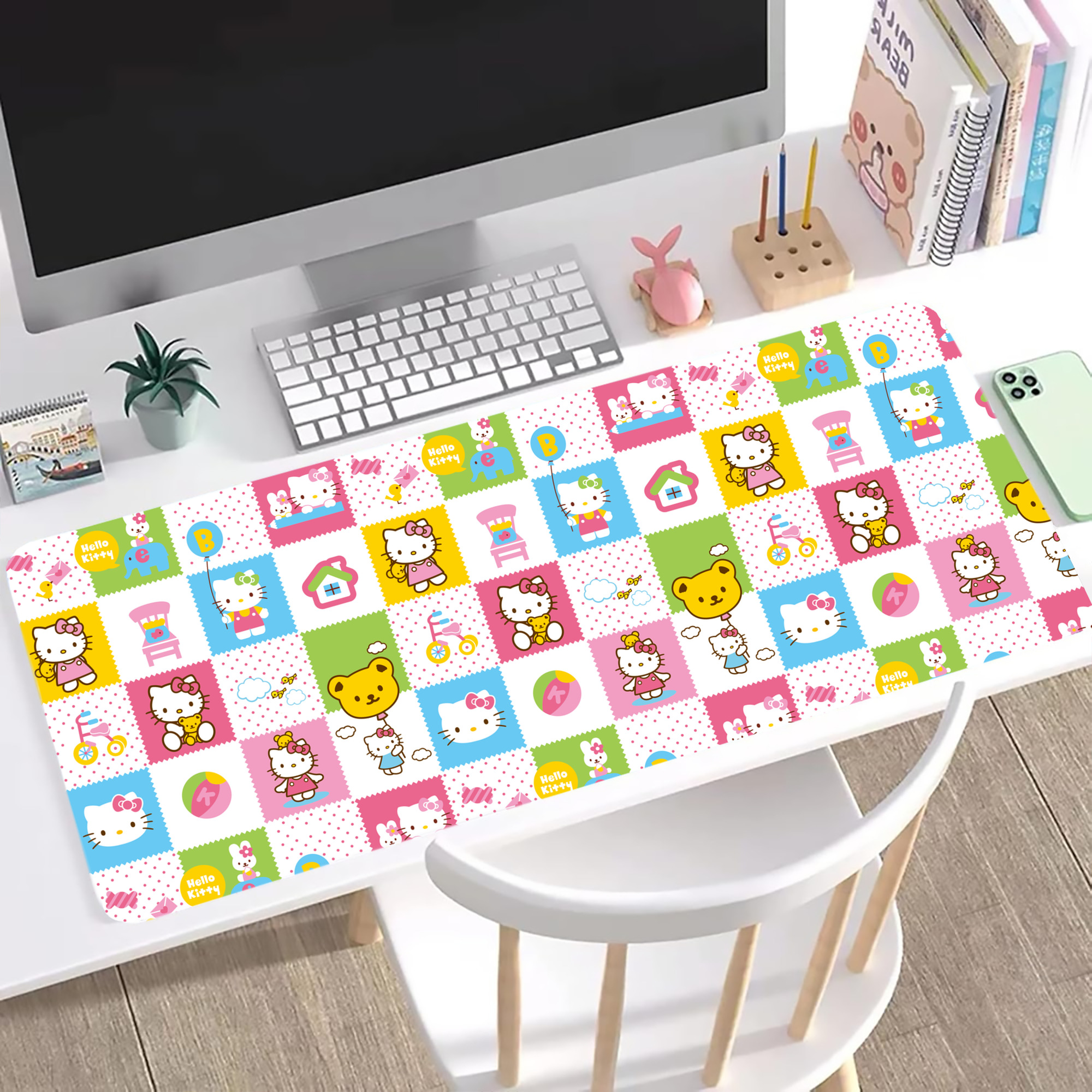 （画像用） Hello Kitty ハローキティ ステッチ加工 大判デスクマット／滑り止めマウスパッド