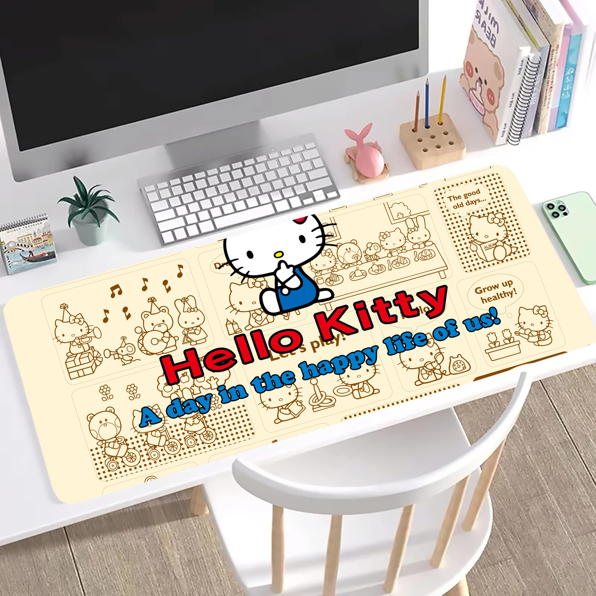 （画像用） Hello Kitty ハローキティ ステッチ加工 大判デスクマット／滑り止めマウスパッド