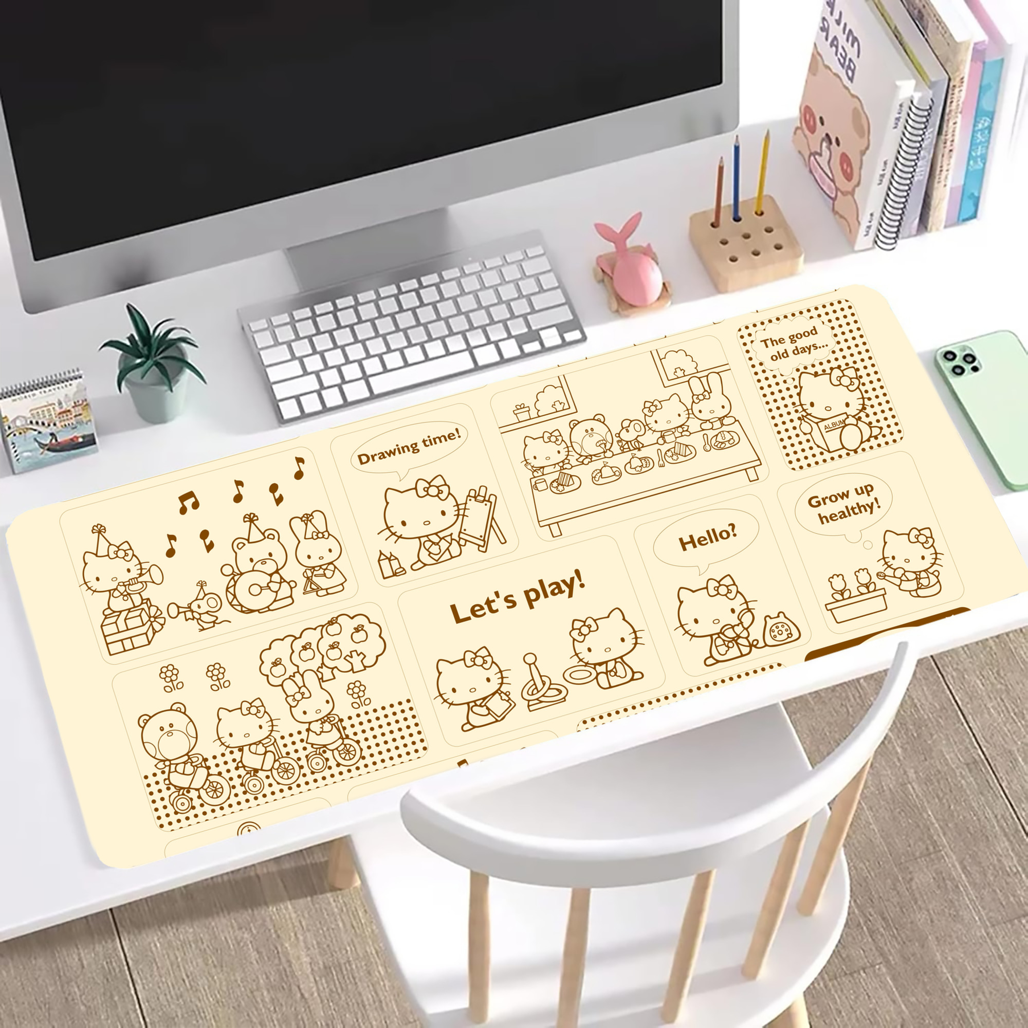 （画像用） Hello Kitty ハローキティ ステッチ加工 大判デスクマット／滑り止めマウスパッド