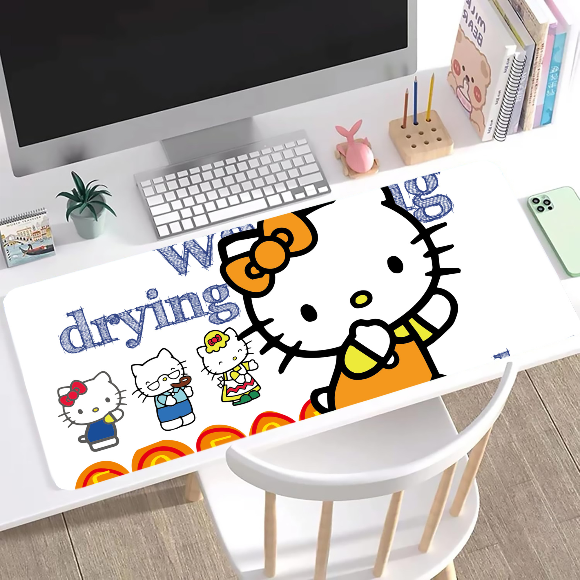 （画像用） Hello Kitty ハローキティ ステッチ加工 大判デスクマット／滑り止めマウスパッド