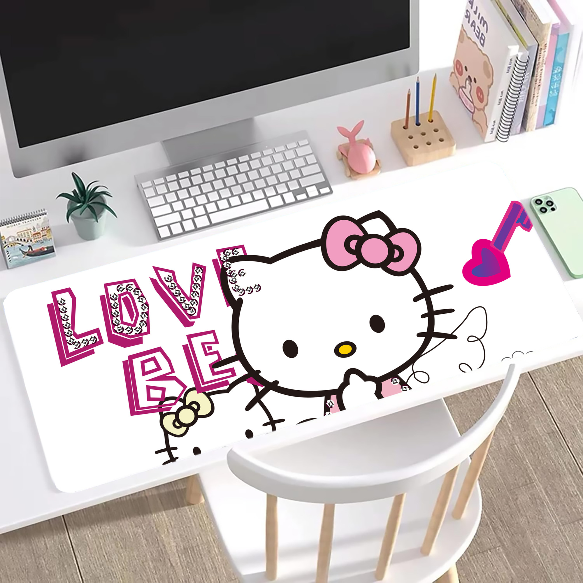 （画像用） Hello Kitty ハローキティ ステッチ加工 大判デスクマット／滑り止めマウスパッド