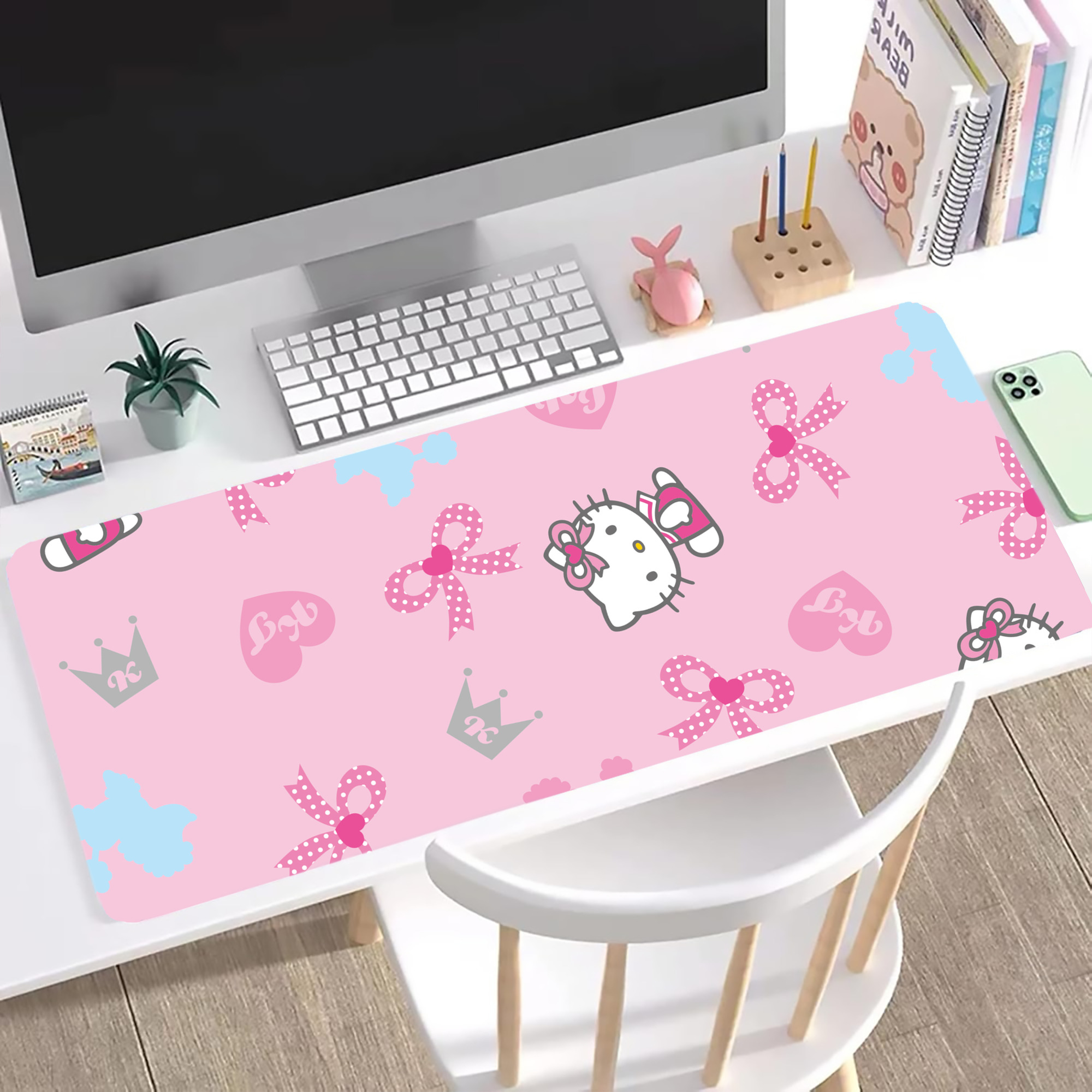 （画像用） Hello Kitty ハローキティ ステッチ加工 大判デスクマット／滑り止めマウスパッド