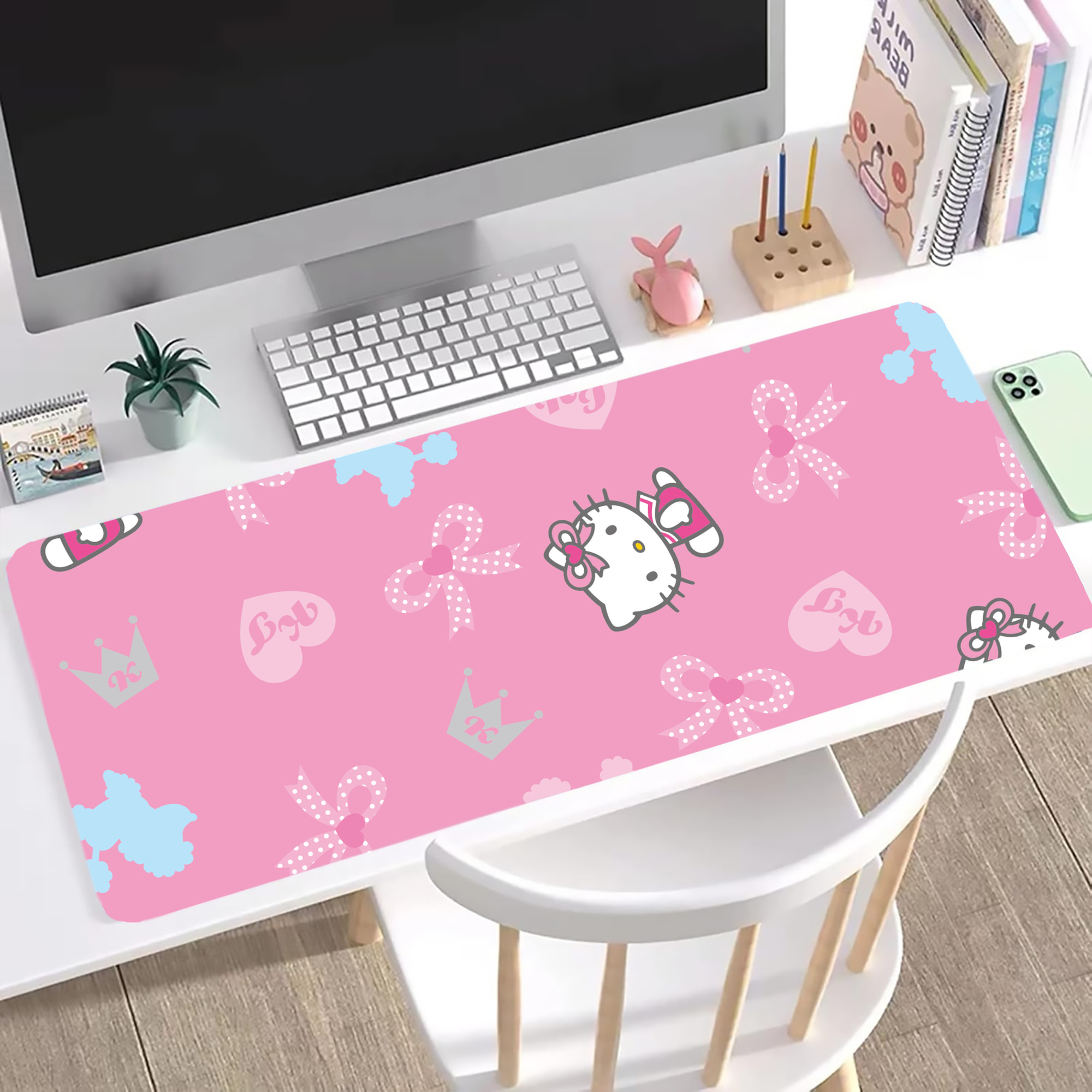 （画像用） Hello Kitty ハローキティ ステッチ加工 大判デスクマット／滑り止めマウスパッド