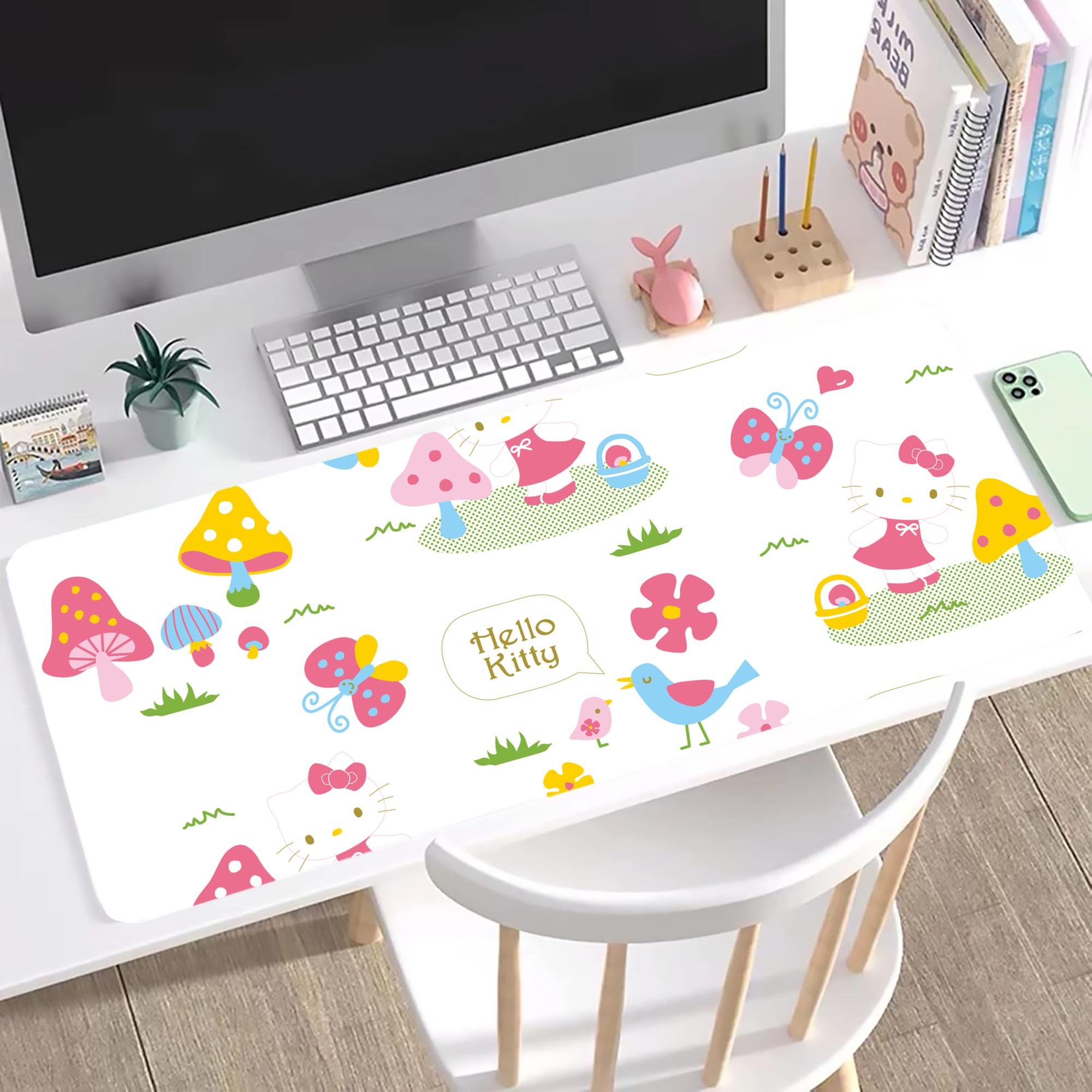 （画像用） Hello Kitty ハローキティ ステッチ加工 大判デスクマット／滑り止めマウスパッド