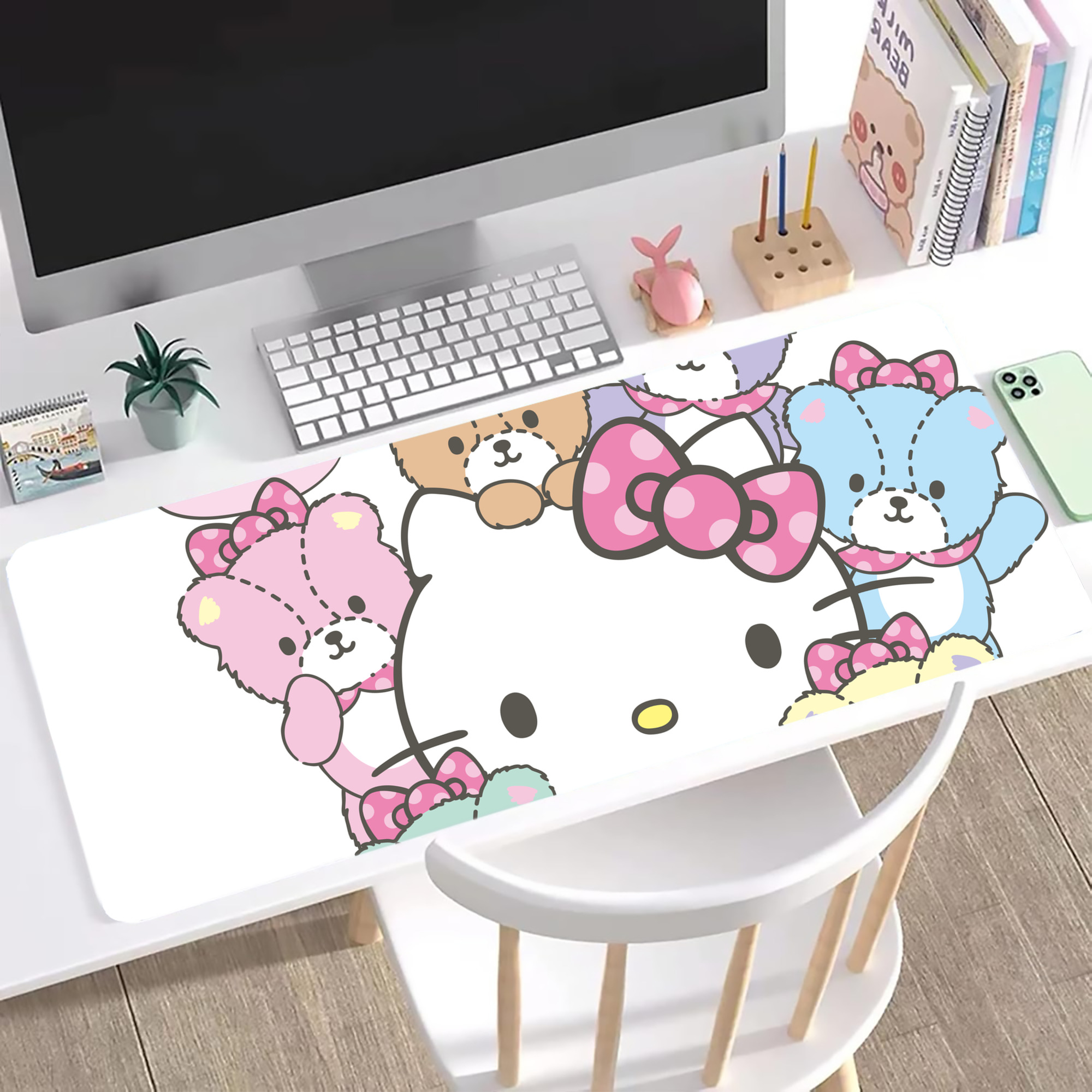 （画像用） Hello Kitty ハローキティ ステッチ加工 大判デスクマット／滑り止めマウスパッド