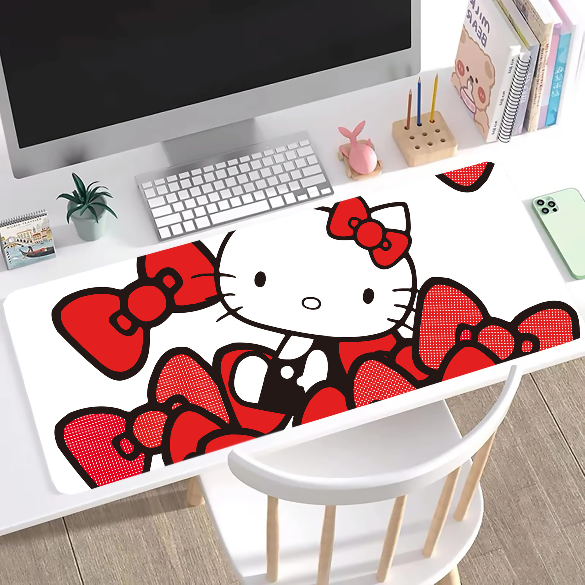 （画像用） Hello Kitty ハローキティ ステッチ加工 大判デスクマット／滑り止めマウスパッド