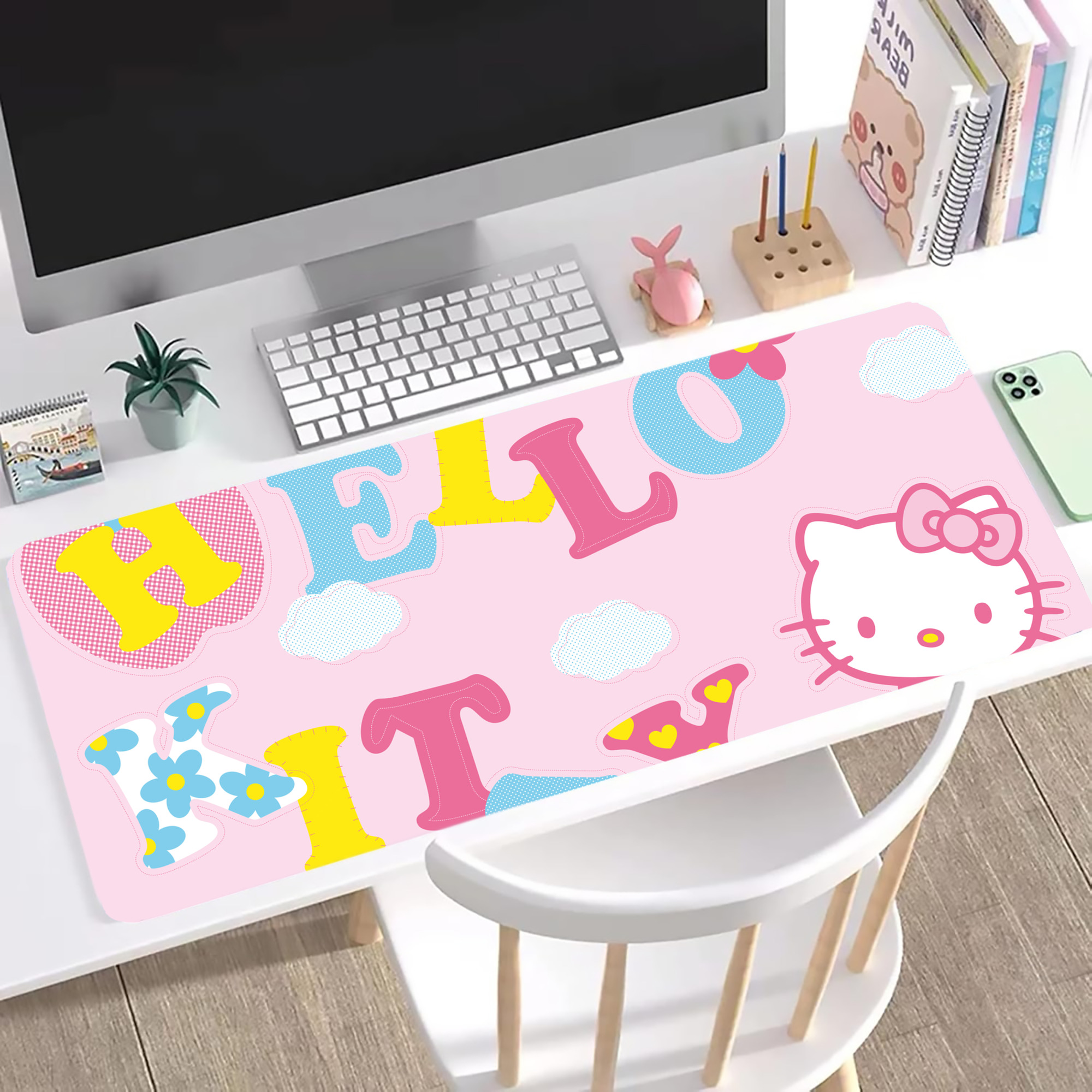 （画像用） Hello Kitty ハローキティ ステッチ加工 大判デスクマット／滑り止めマウスパッド