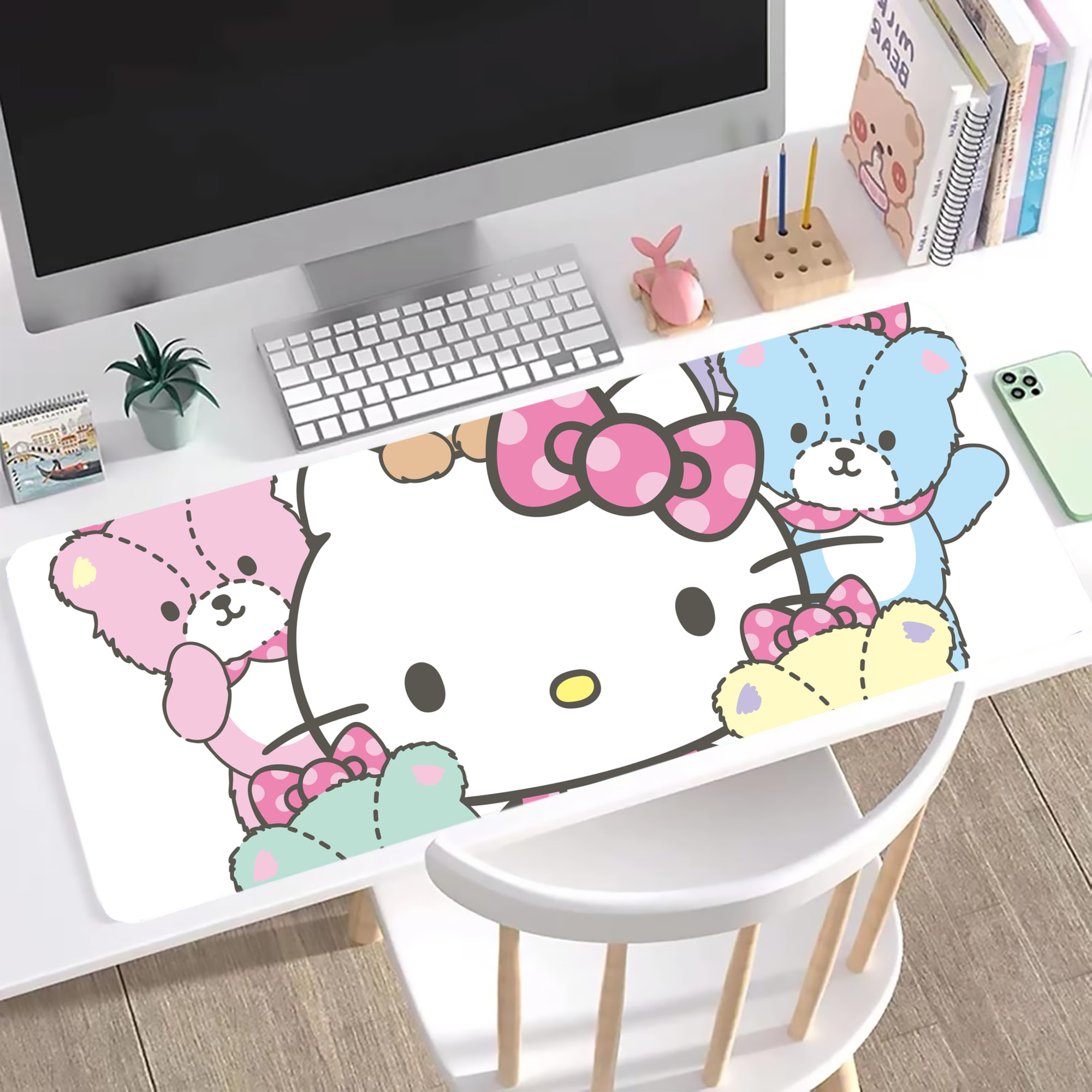 （画像用） Hello Kitty ハローキティ ステッチ加工 大判デスクマット／滑り止めマウスパッド