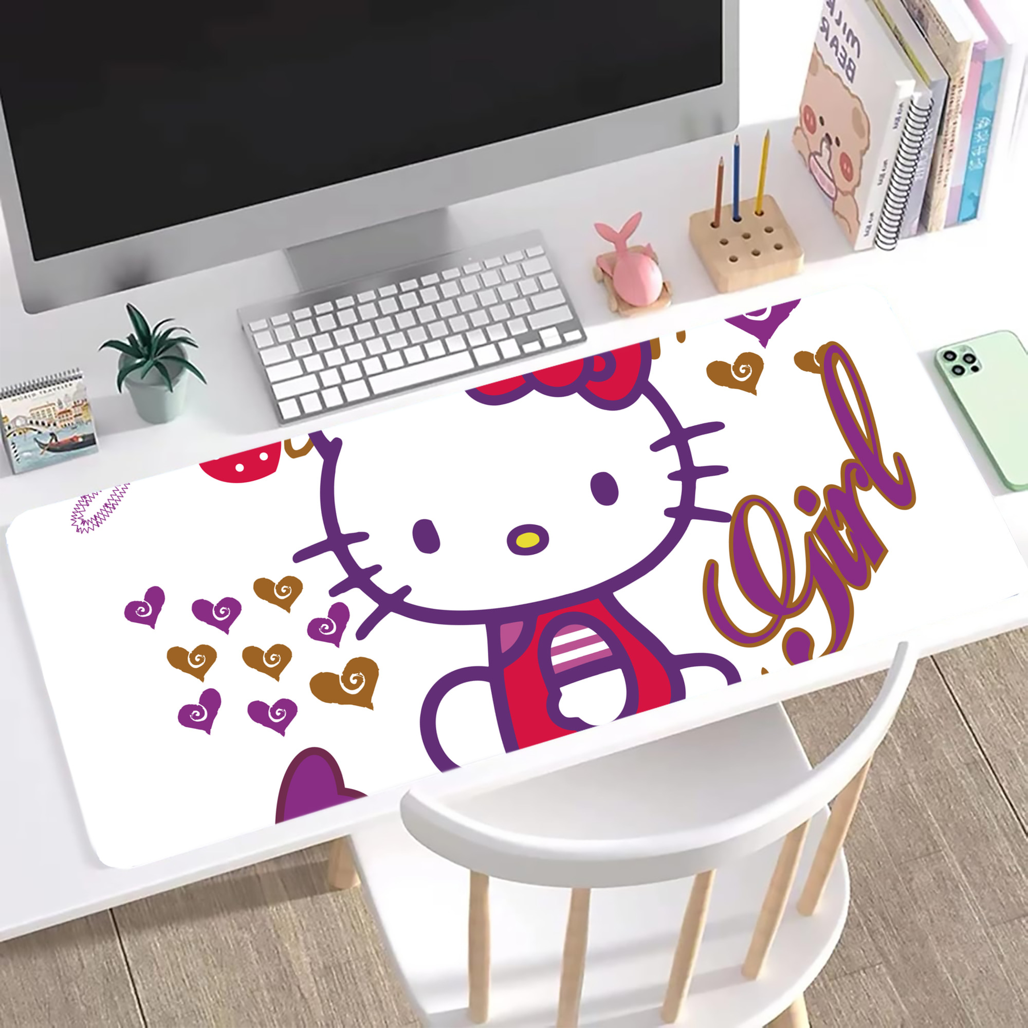 （画像用） Hello Kitty ハローキティ ステッチ加工 大判デスクマット／滑り止めマウスパッド