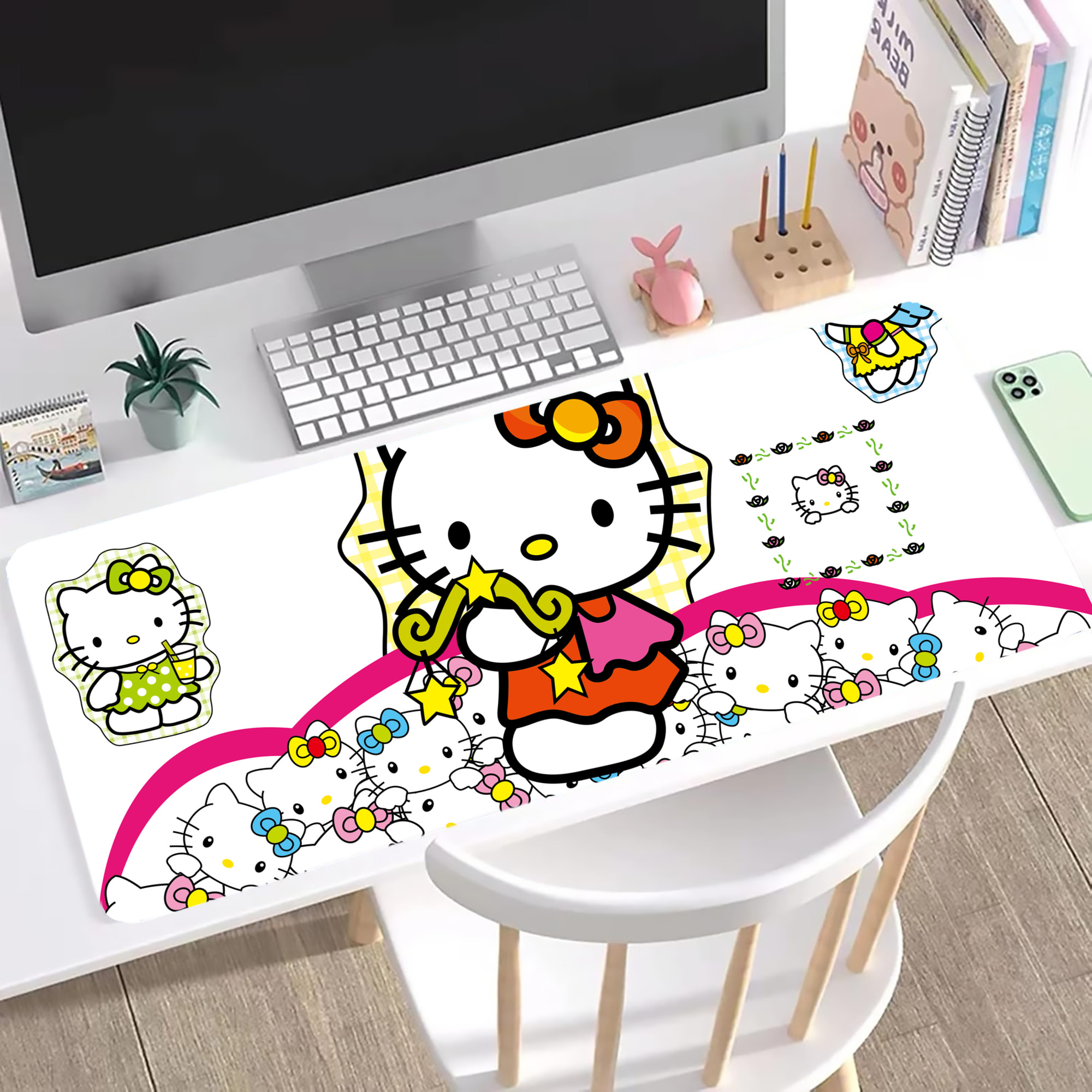 （画像用） Hello Kitty ハローキティ ステッチ加工 大判デスクマット／滑り止めマウスパッド