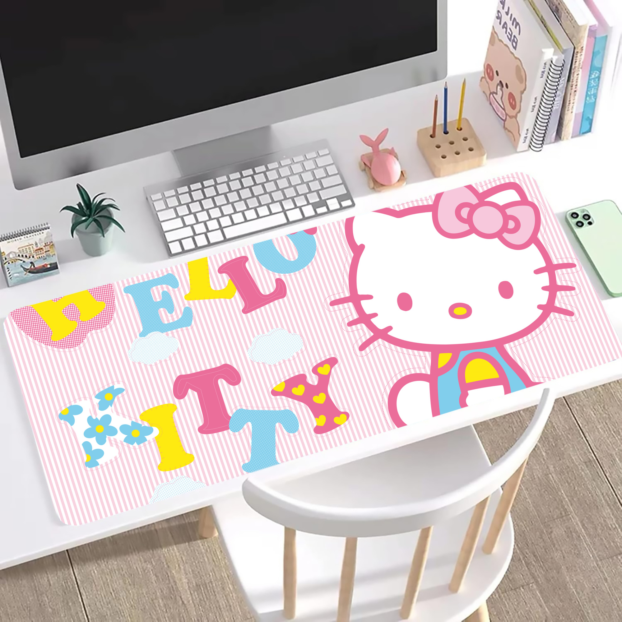 （画像用） Hello Kitty ハローキティ ステッチ加工 大判デスクマット／滑り止めマウスパッド