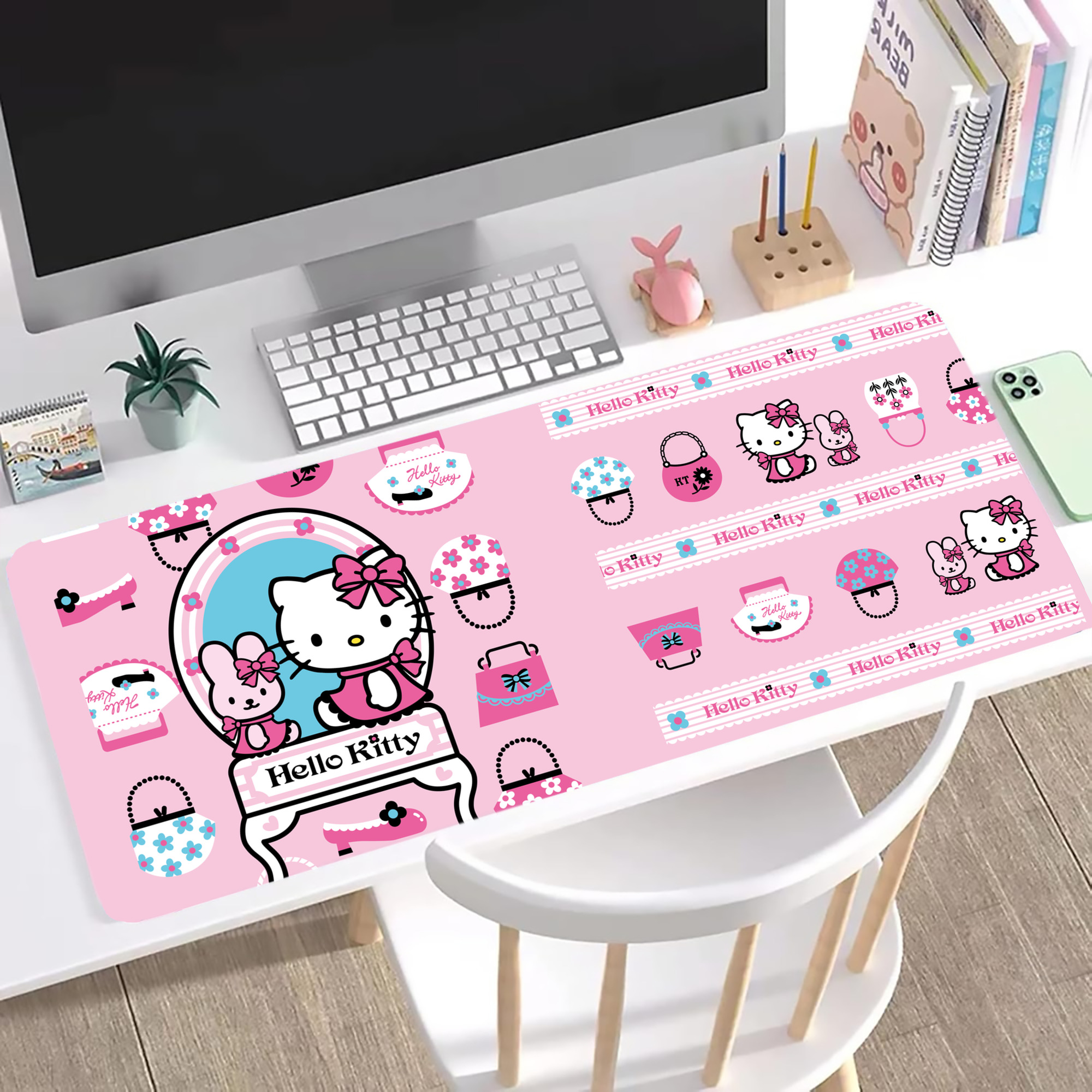 （画像用） Hello Kitty ハローキティ ステッチ加工 大判デスクマット／滑り止めマウスパッド