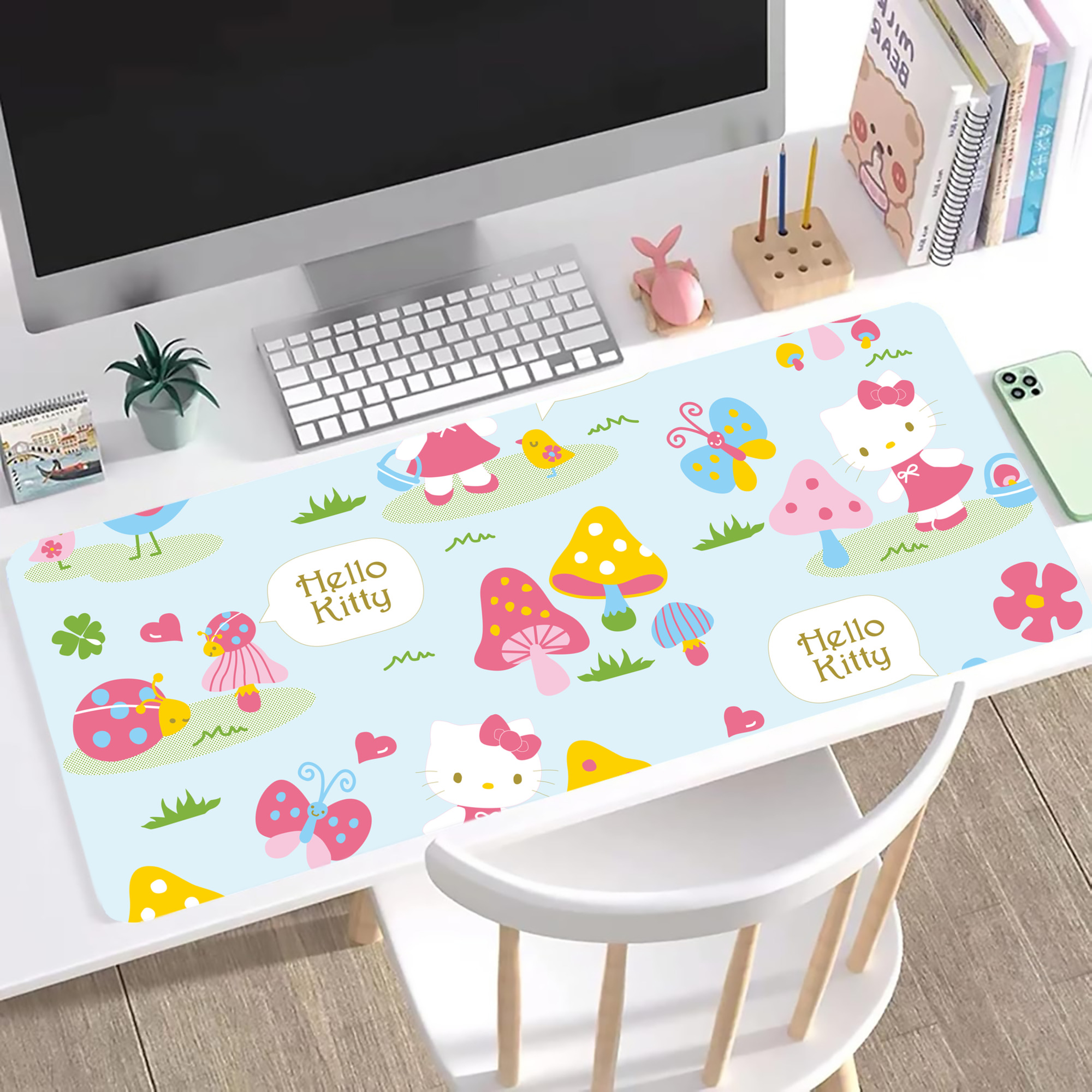 （画像用） Hello Kitty ハローキティ ステッチ加工 大判デスクマット／滑り止めマウスパッド