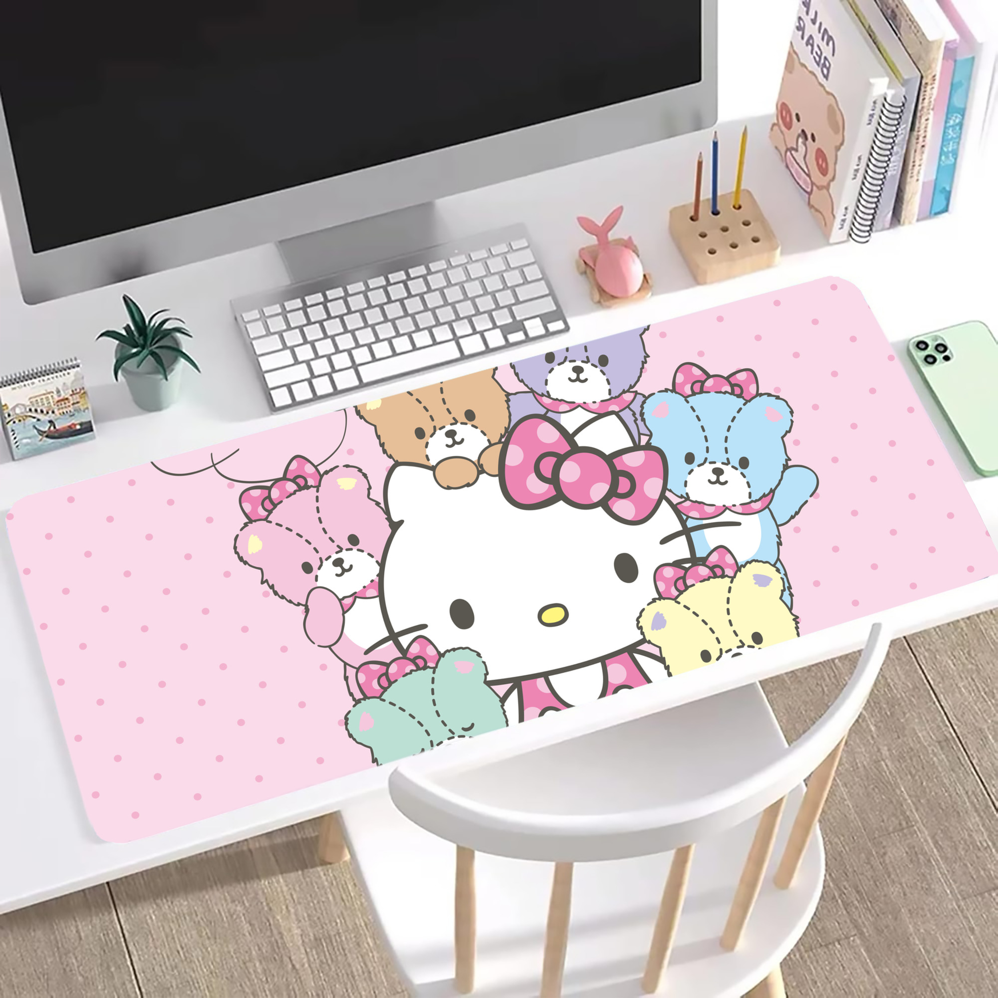 （画像用） Hello Kitty ハローキティ ステッチ加工 大判デスクマット／滑り止めマウスパッド