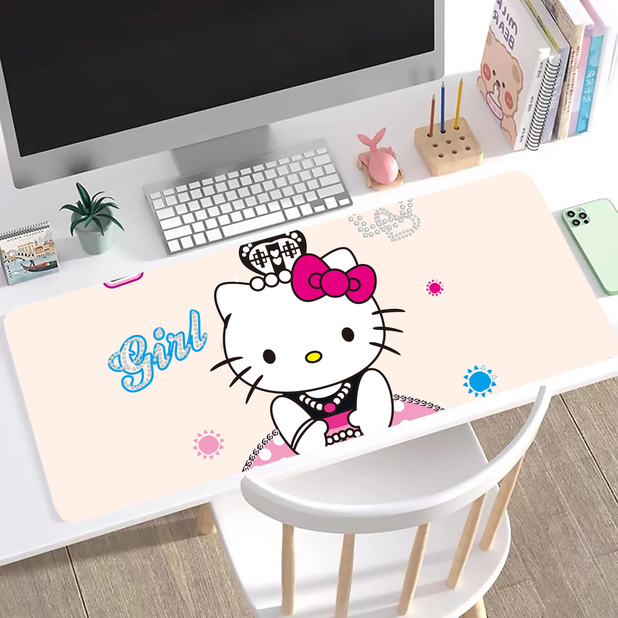 （画像用） Hello Kitty ハローキティ ステッチ加工 大判デスクマット／滑り止めマウスパッド