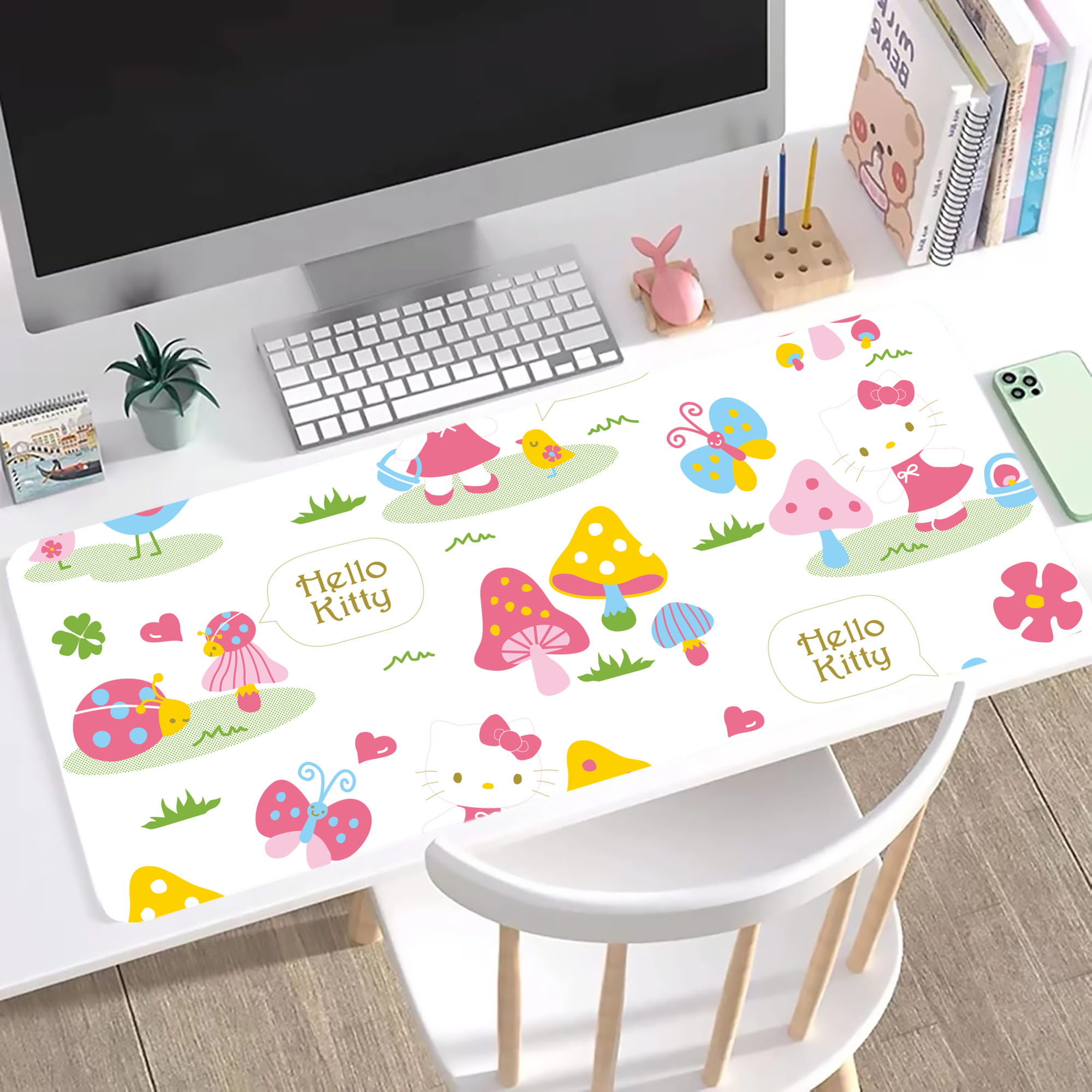 （画像用） Hello Kitty ハローキティ ステッチ加工 大判デスクマット／滑り止めマウスパッド
