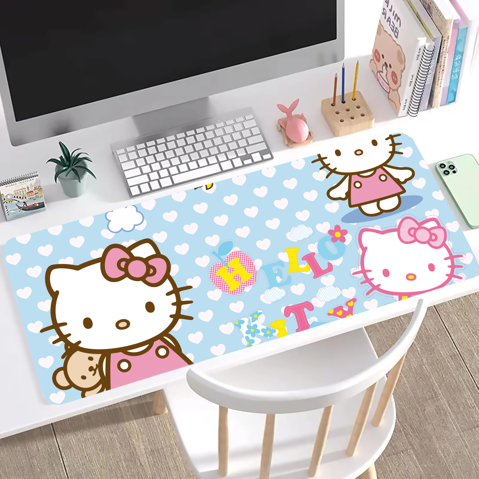 （画像用） Hello Kitty ハローキティ ステッチ加工 大判デスクマット／滑り止めマウスパッド
