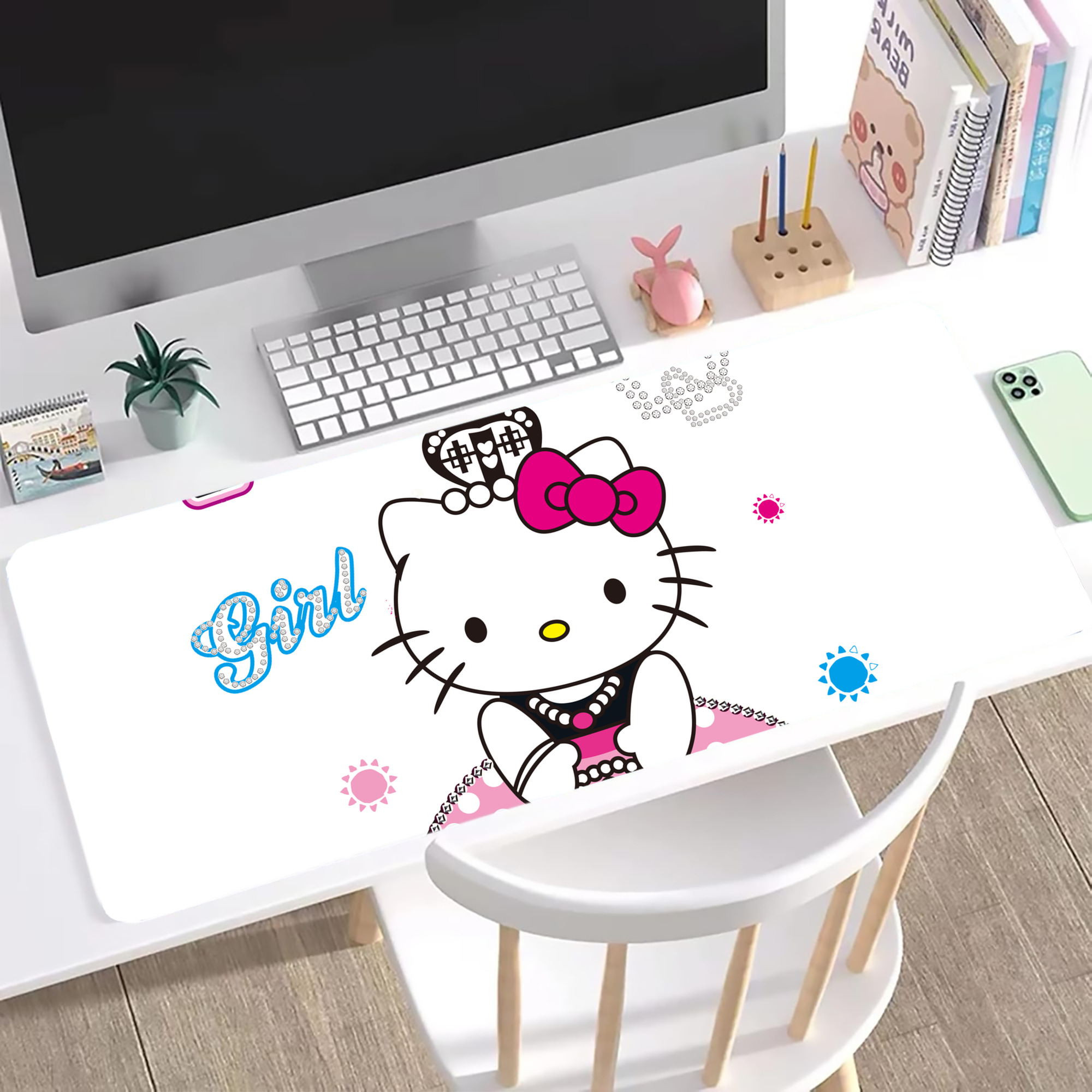 （画像用） Hello Kitty ハローキティ ステッチ加工 大判デスクマット／滑り止めマウスパッド